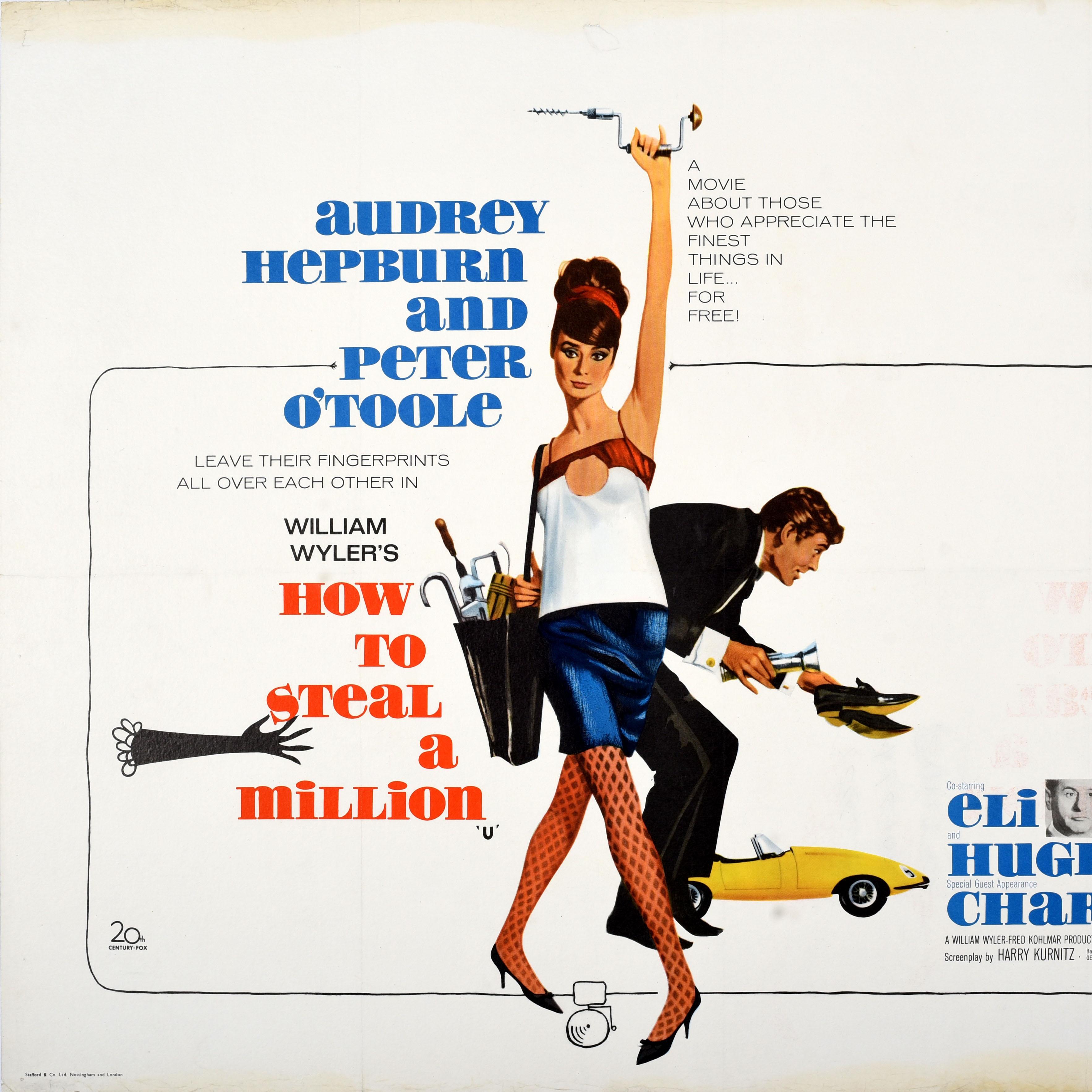 Original Vintage UK Vierfach-Filmplakat für die ursprüngliche Veröffentlichung der romantischen Kriminalkomödie How To Steal A Million unter der Regie von William Wyler und in den Hauptrollen Audrey Hepburn und Peter O'Toole mit Eli Wallach, Hugh