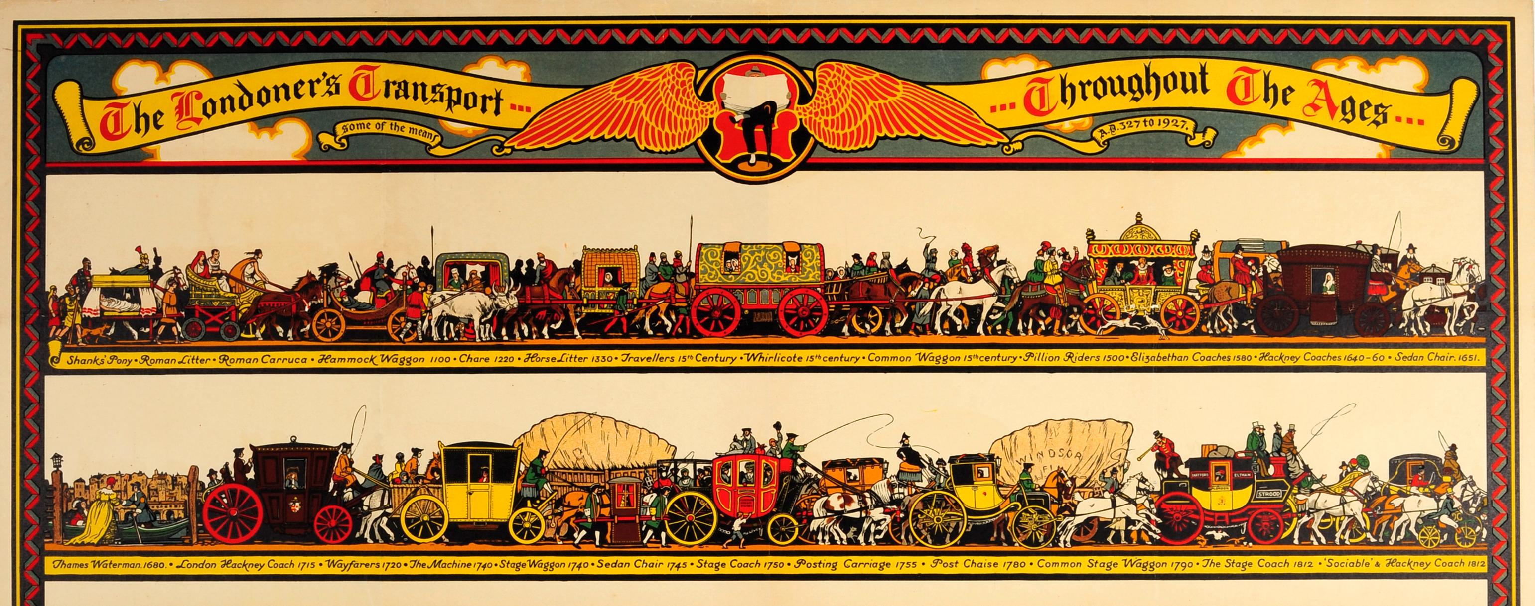 Original-Werbeplakat für die öffentlichen Verkehrsmittel London Overground und London Underground - The Londoner's Transport Throughout the Ages - von dem bekannten Künstler und Plakatgestalter Richard T. Cooper (1884-1957), der von 1924 bis 1935