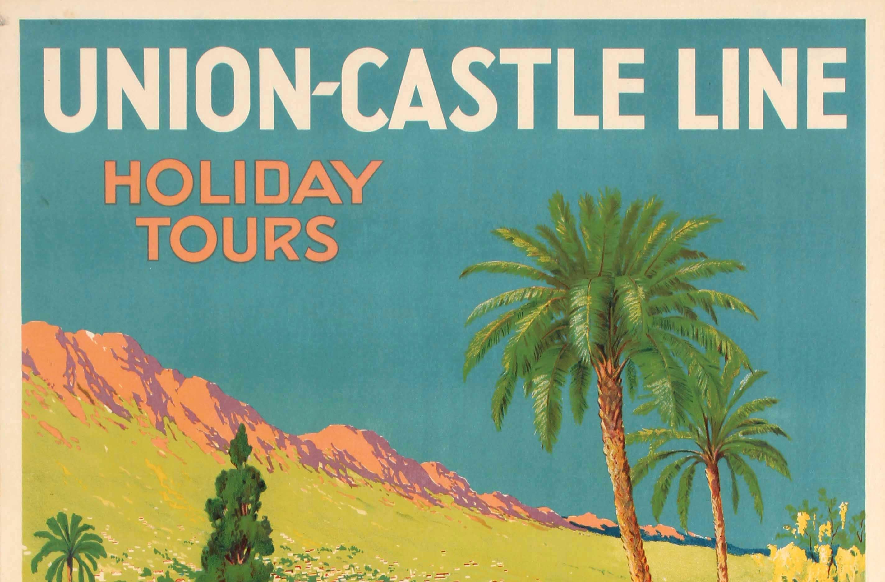 Original vintage cruise travel poster promoting Union Castle holiday tours reduced return fares to South Africa Madeira etc. Belgium Holland & Germany also Mediterranean. Bright and colourful scenic image depicting a Union-Castle line cruise ship on