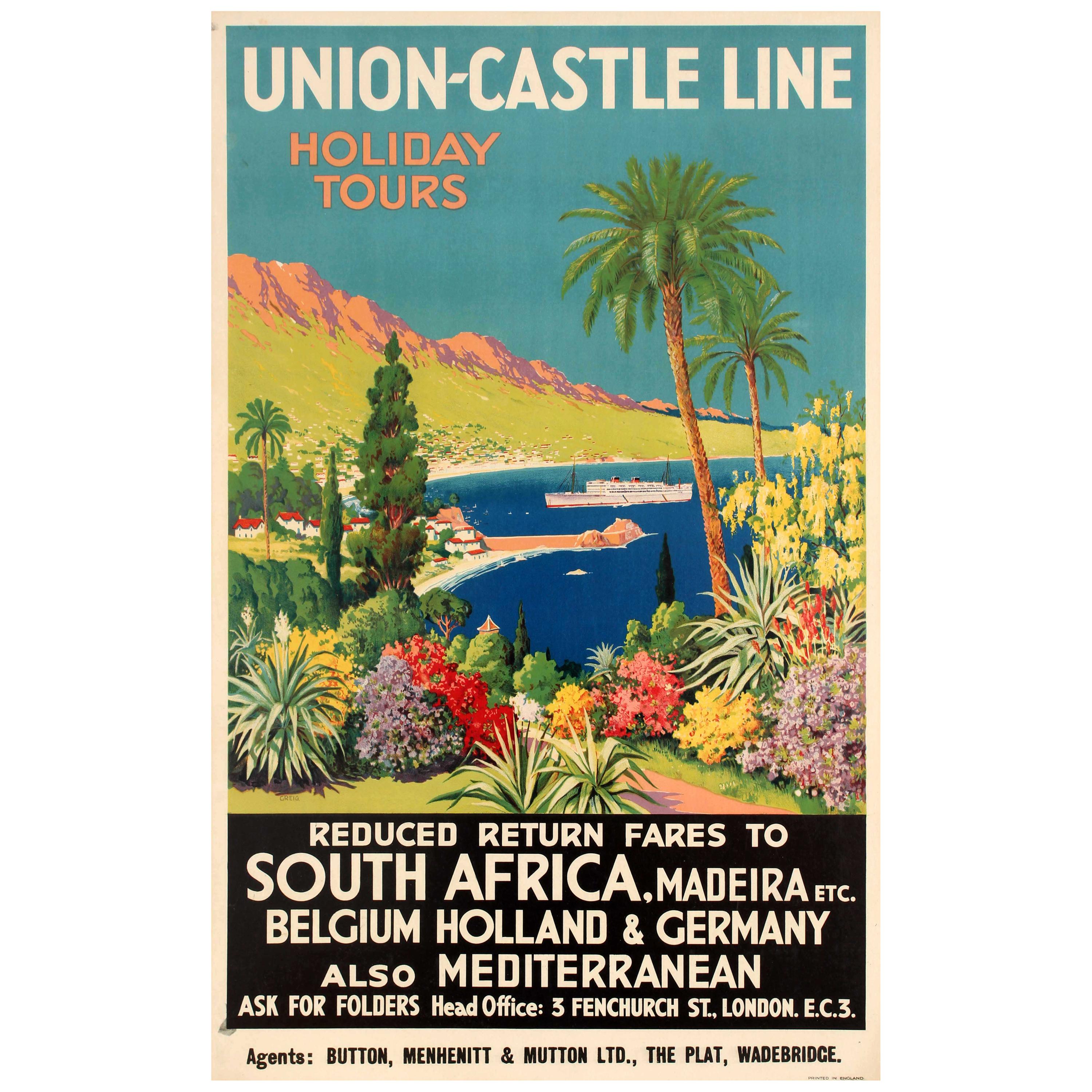 Original Vintage Union Castle Line Poster Promoting Cruise Ship Holiday Tours