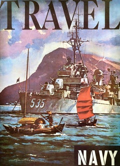 Original Vintage US Navy Recruitment Poster Travel Navy Far East Asia Harbour