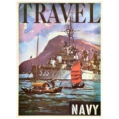 Original Vintage US Navy Recruitment Poster Travel Navy Far East Asia Harbour