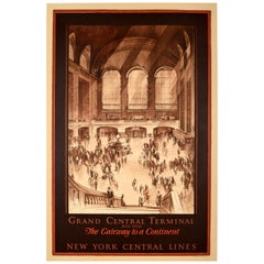 Original Antique US Railway Poster Grand Central Terminal New York Central Lines