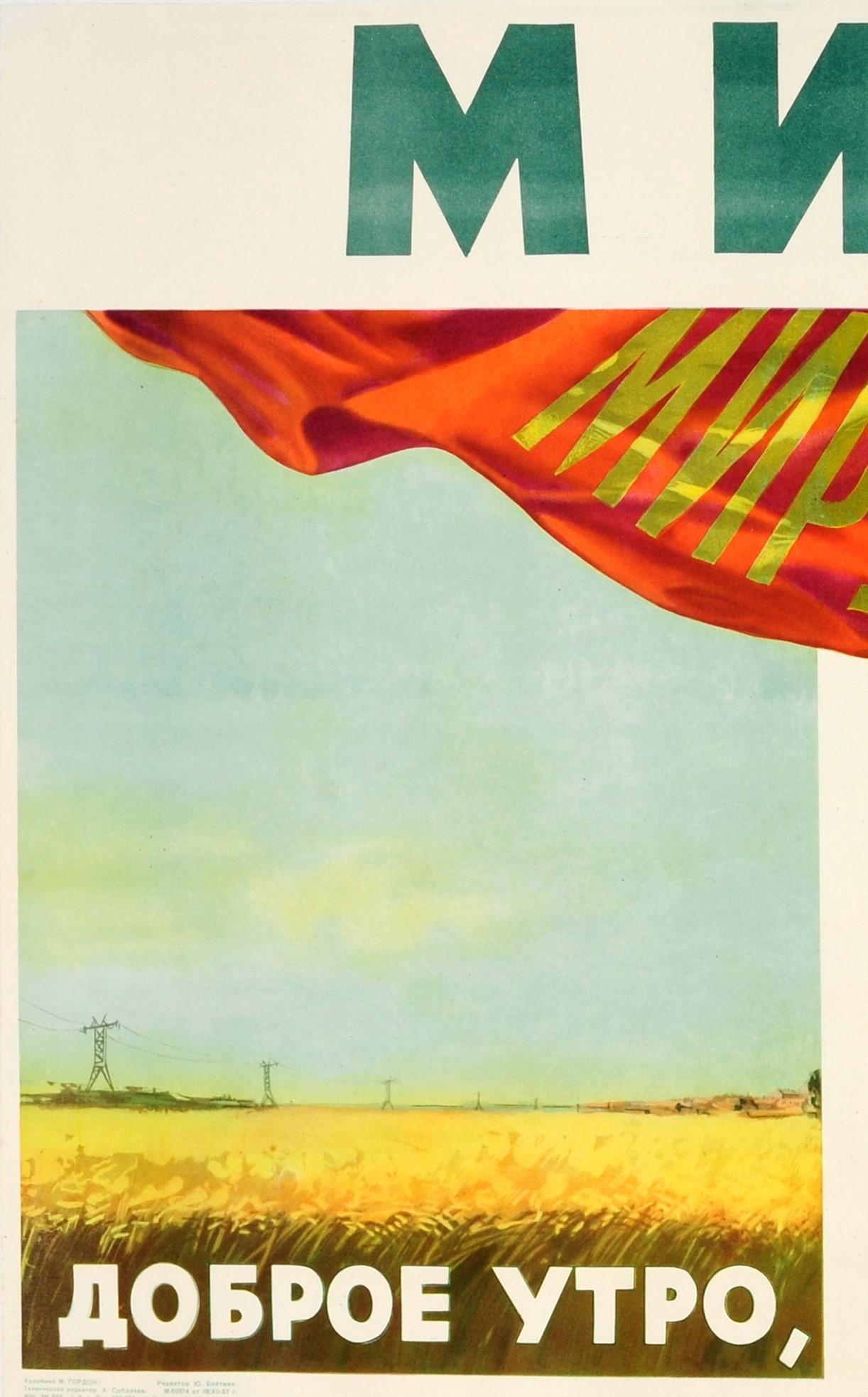 Original vintage Soviet propaganda poster - Peace is: good morning, happy day and tranquil night - featuring three images under a red banner for World Peace, an agricultural field on the left with the sun shining on the corn and electricity pylons