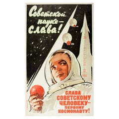 Original Vintage USSR Space Race Poster Glory To Soviet Man Cosmonaut Gagarin