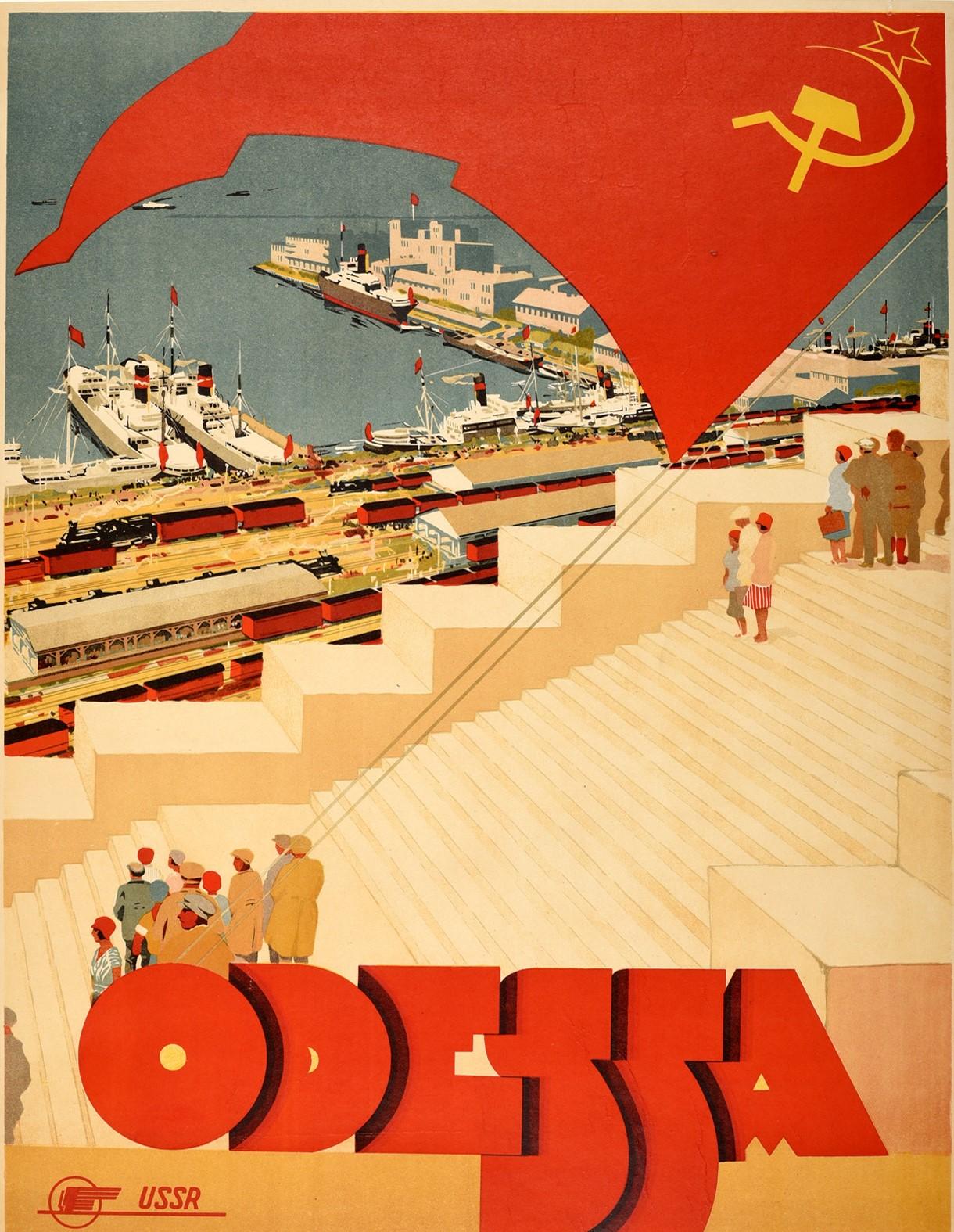 Original vintage Intourist travel poster for Odessa printed for the Soviet State travel company Intourist (founded 1929) featuring great artwork depicting people on the grand staircase leading from the city to the harbour below, the Potemkin Steps /