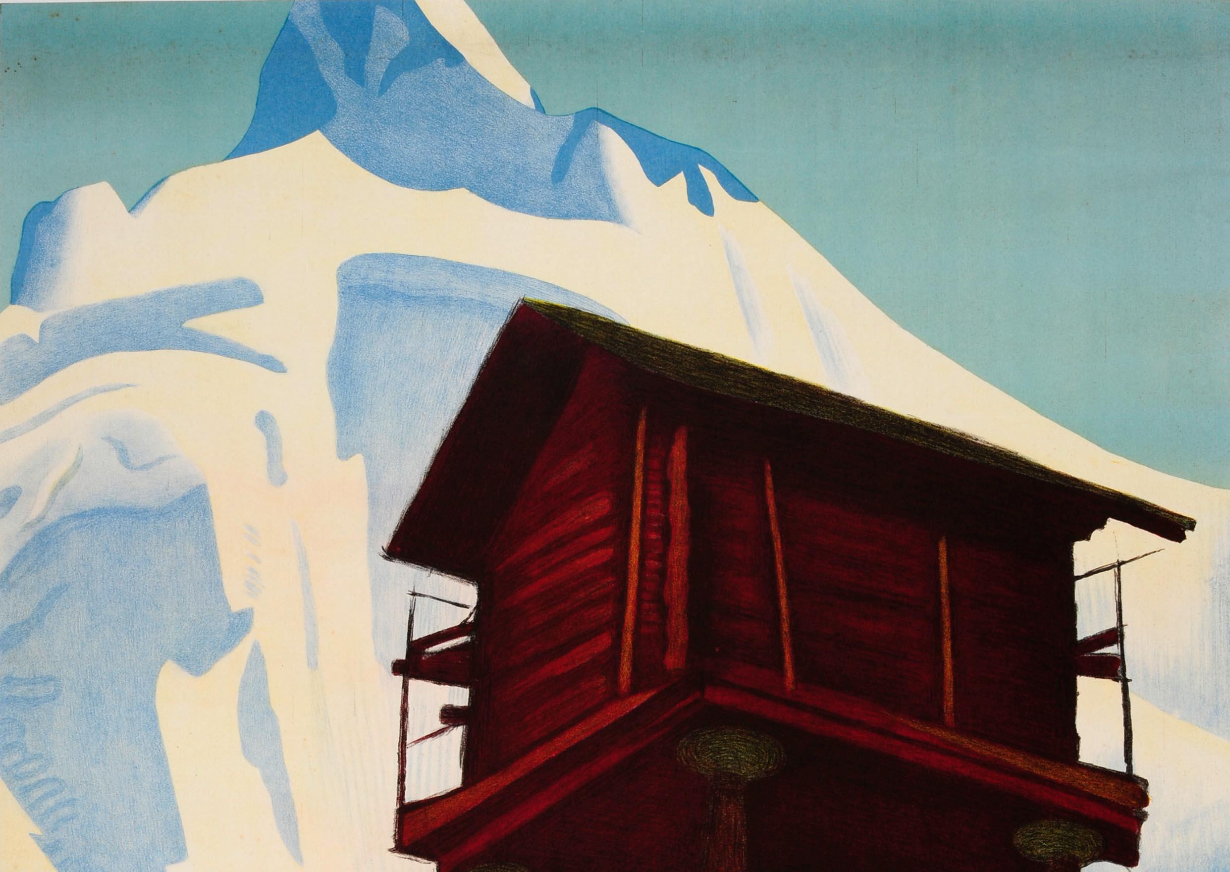 Original vintage travel advertising poster issued to promote the canton of Valais, the home of the popular ski resorts of Verbier and Zermatt, featuring a picturesque scene by Erich Hermes (1881-1971) depicting a snowy mountain resembling the