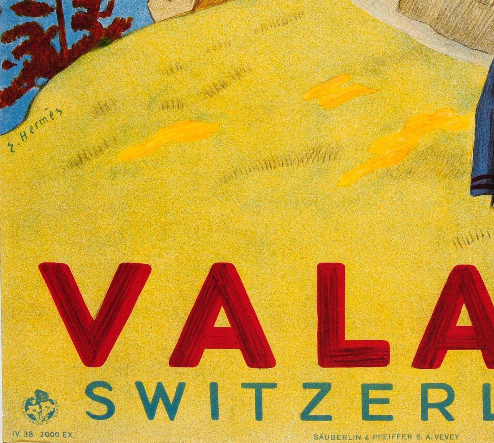 Swiss Original Vintage Valais Switzerland Travel Poster Ft. Countryside Mountain View