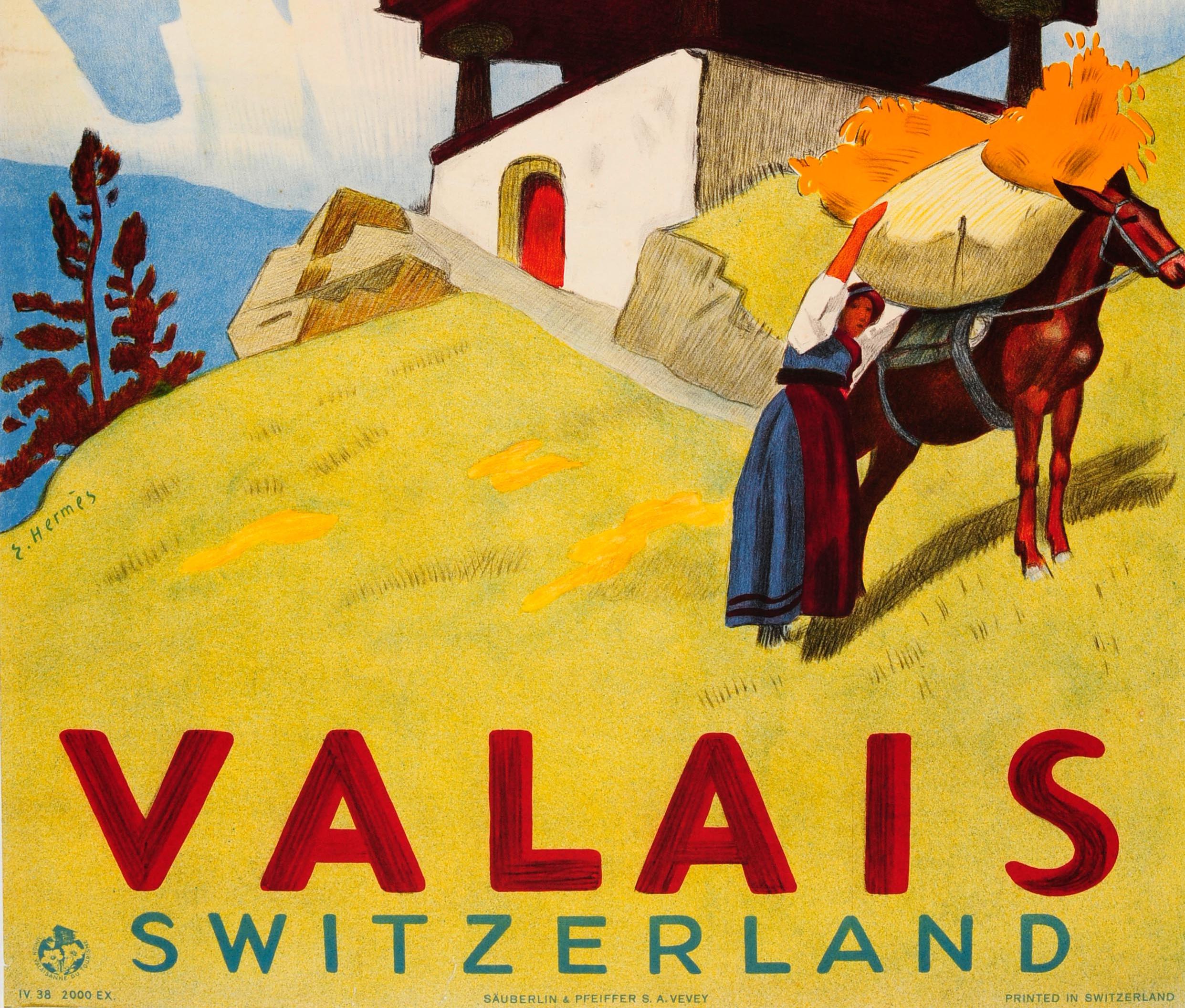 Original Vintage Valais Switzerland Travel Poster Ft. Countryside Mountain View In Good Condition In London, GB