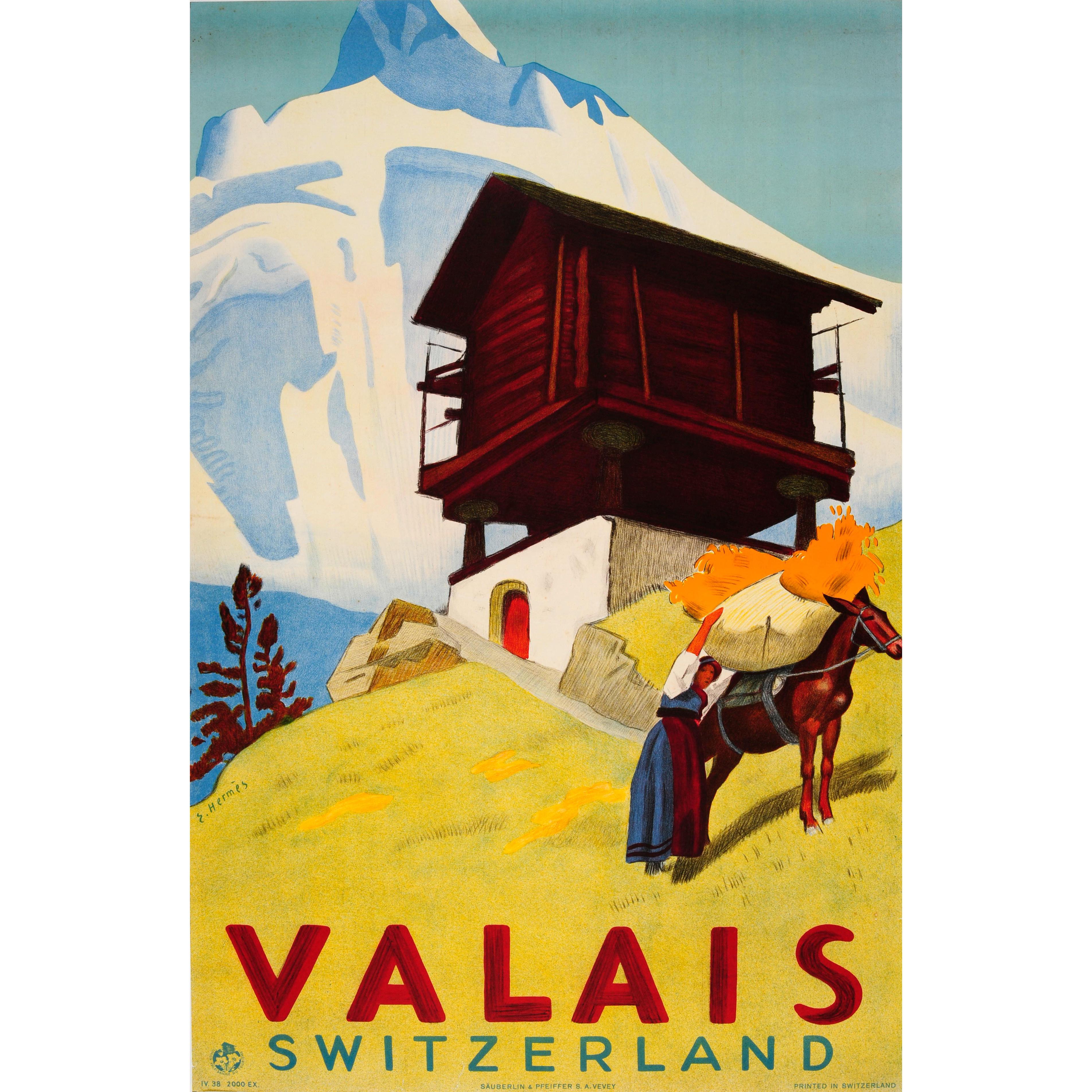Original Vintage Valais Switzerland Travel Poster Ft. Countryside Mountain View