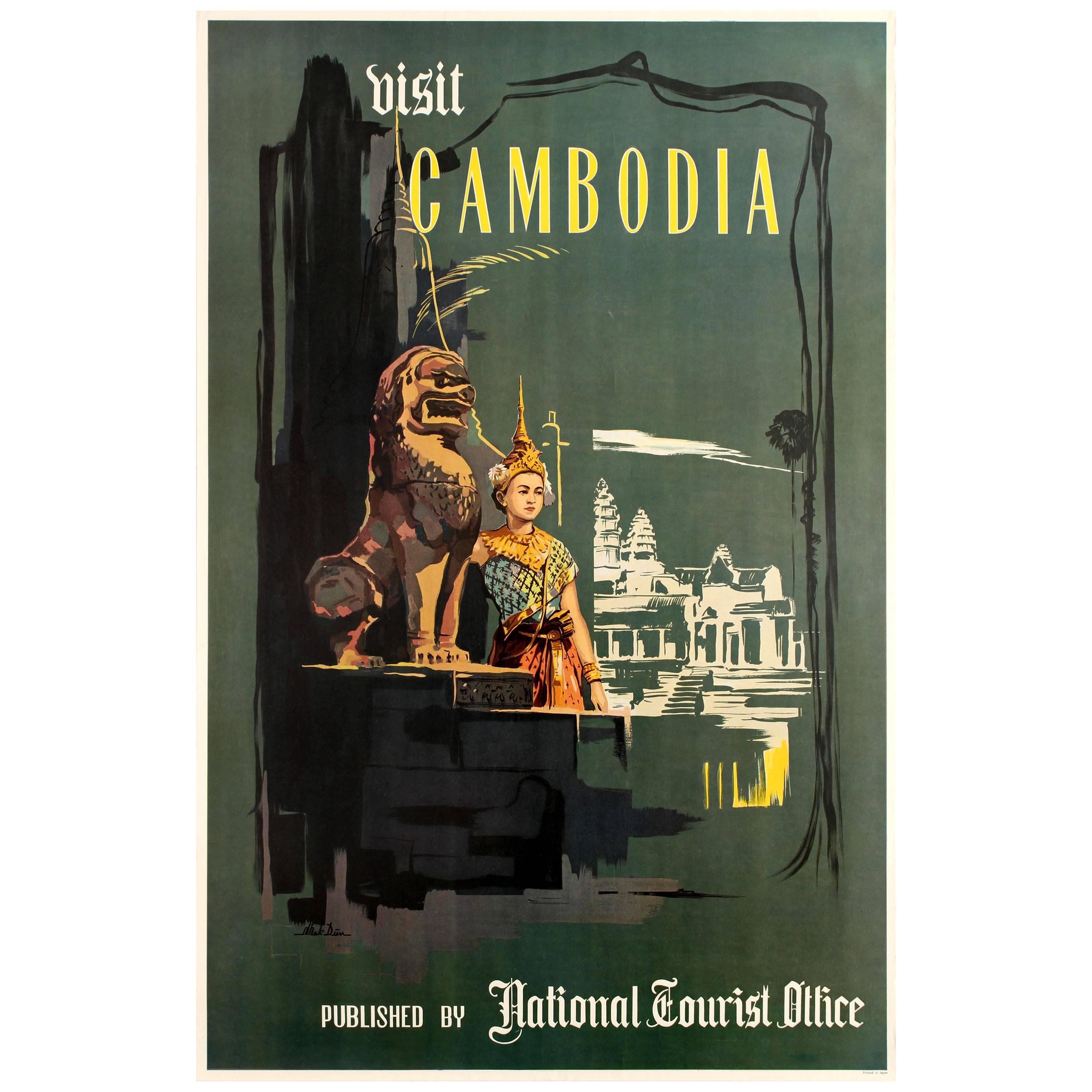 Original Vintage Visit Cambodia Travel Poster - Angkor Wat - Natl Tourist Office