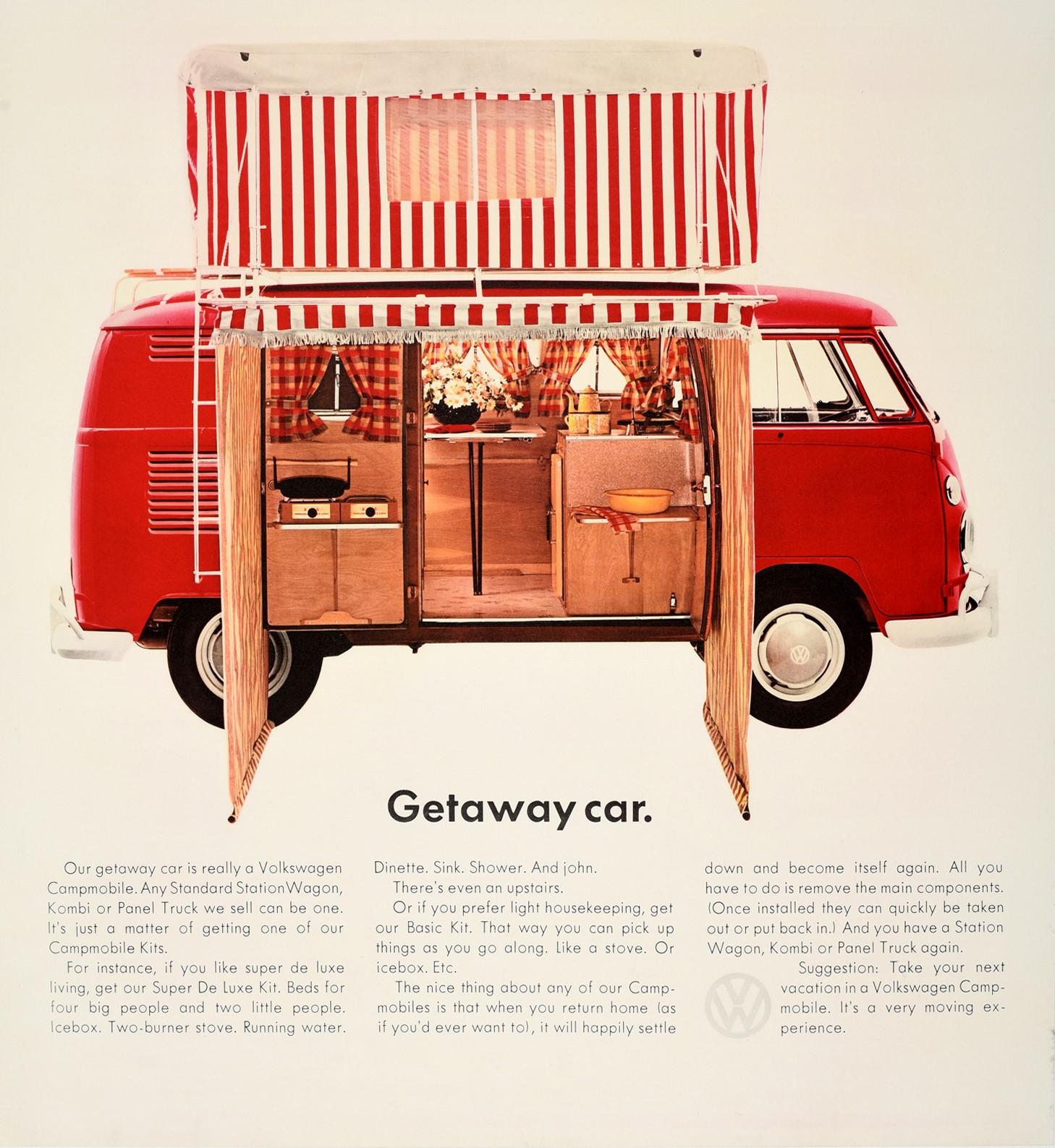 Original vintage camper van dealer showroom advertising poster for Volkswagen Getaway Car featuring a great image depicting a smart new red VW Campmobile Station Wagon showing all the facilities inside from the van's open side doors including a