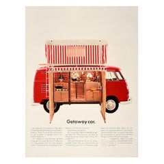 Affiche vintage originale de Volkswagen - Voiture Getaway Car - VW - Campmobile Station Wagon Kombi