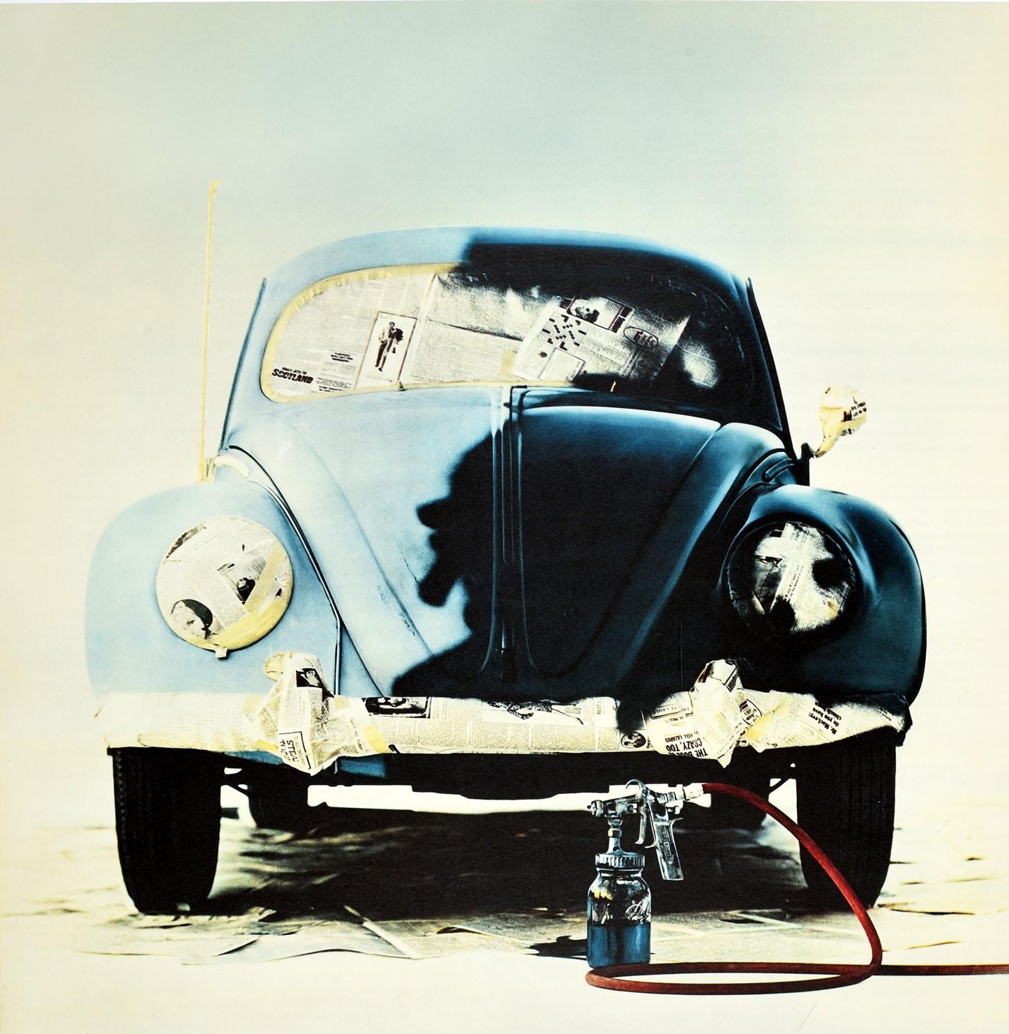 Original vintage car dealer showroom advertising poster for Volkswagen Beetle - How to make a '54 look like a '64 - featuring a great design depicting a half-painted VW Beetle with the windows, lights, bumper and mirrors covered in newspaper to
