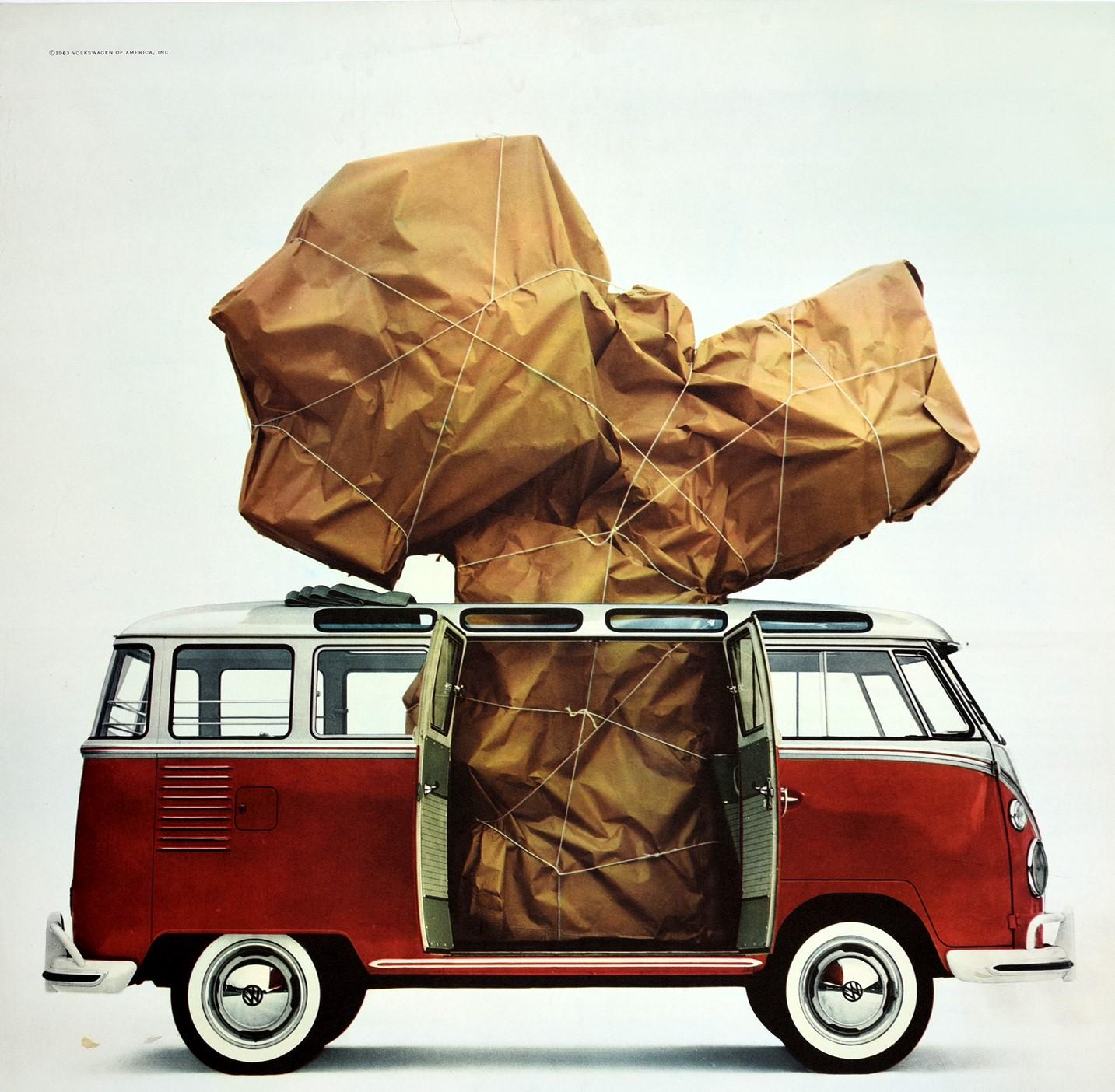Original vintage camper van dealer showroom advertising poster for Volkswagen - What is it? - featuring a great design depicting big package wrapped in brown paper and string visible through the open doors of a red Volkswagen station wagon and from