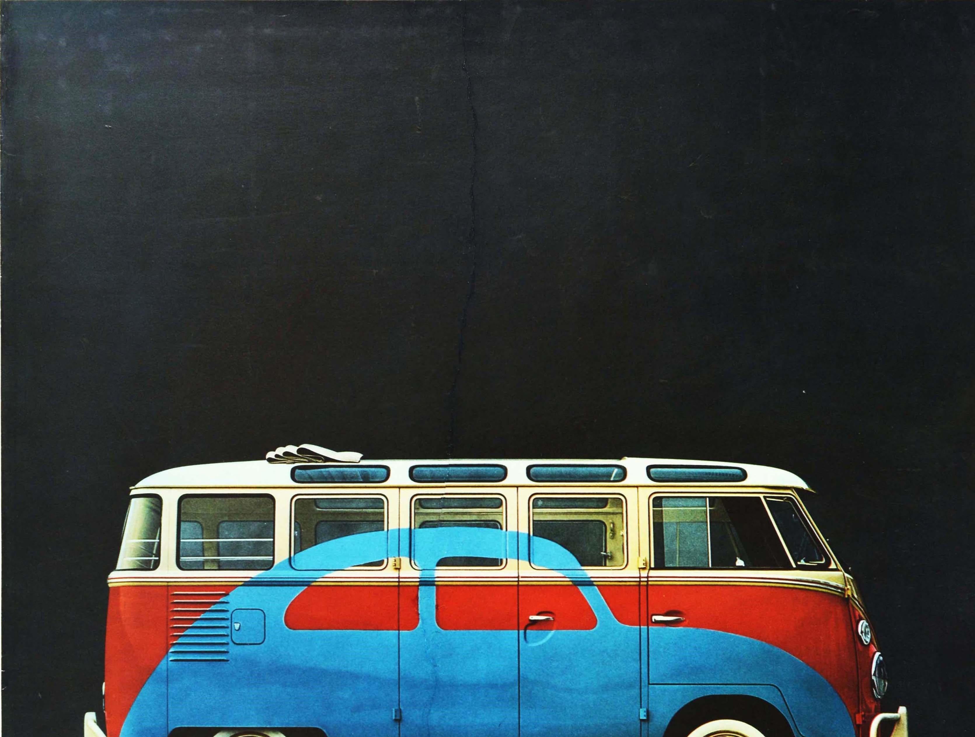 Original vintage camper van advertising poster for Volkswagen - That's about the size of it - featuring a great design showing an iconic VW Station Wagon in red and white with the shape of a VW Beetle car in blue on the side against a dark