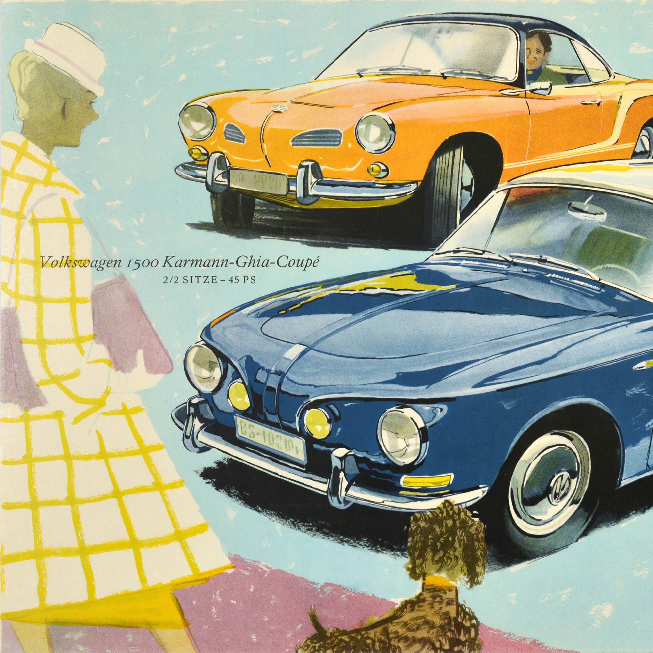 Original vintage VW advertising poster for Volkswagen Karmann Ghia cars featuring an illustration of an elegant lady with a dog looking at smiling drivers in two sporty cars, the VW logo on the side below and description in German next to each