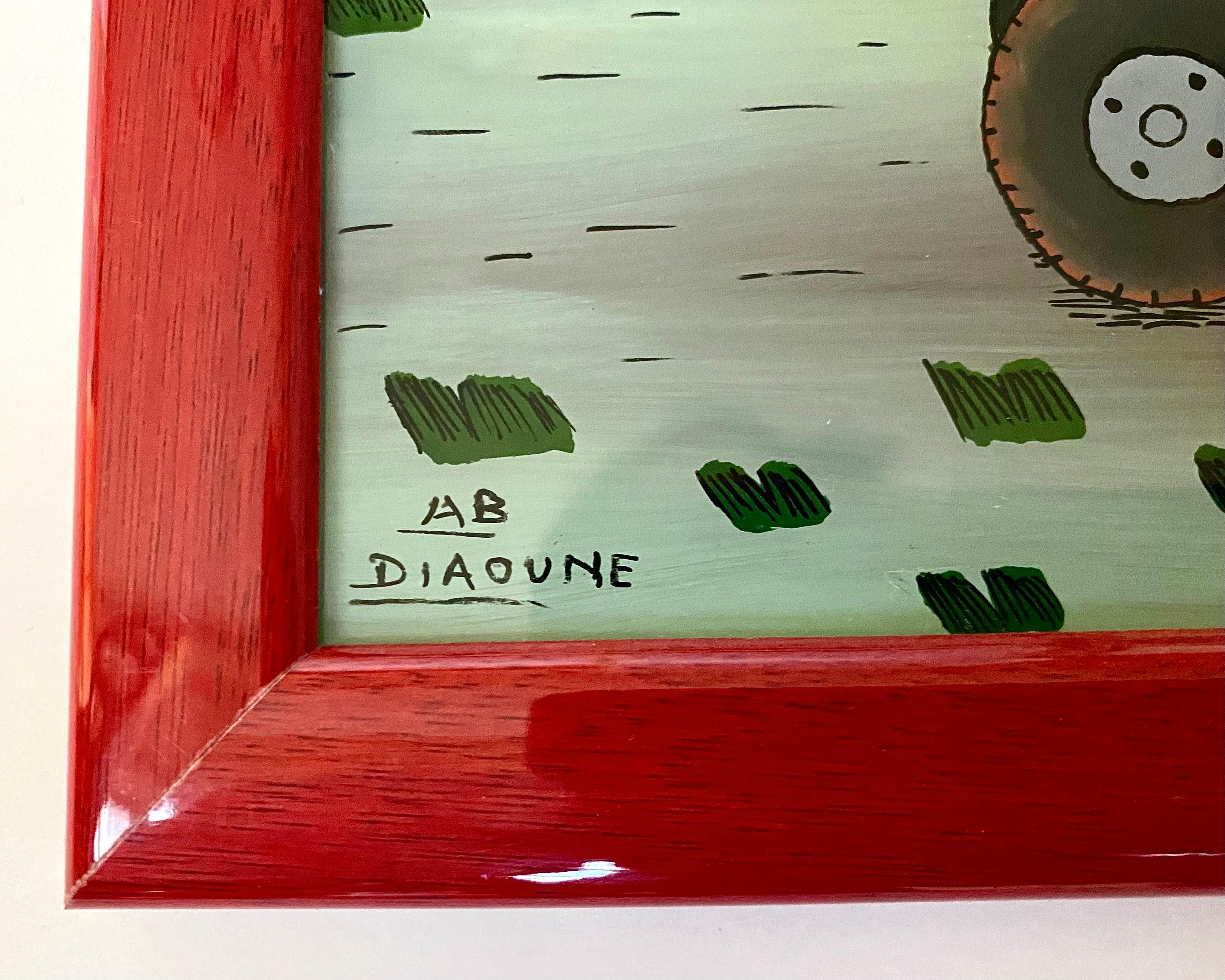Pintura mural vintage original en marco A.B Diaovne 1995 en Excelente estado para la venta en Bastogne, BE