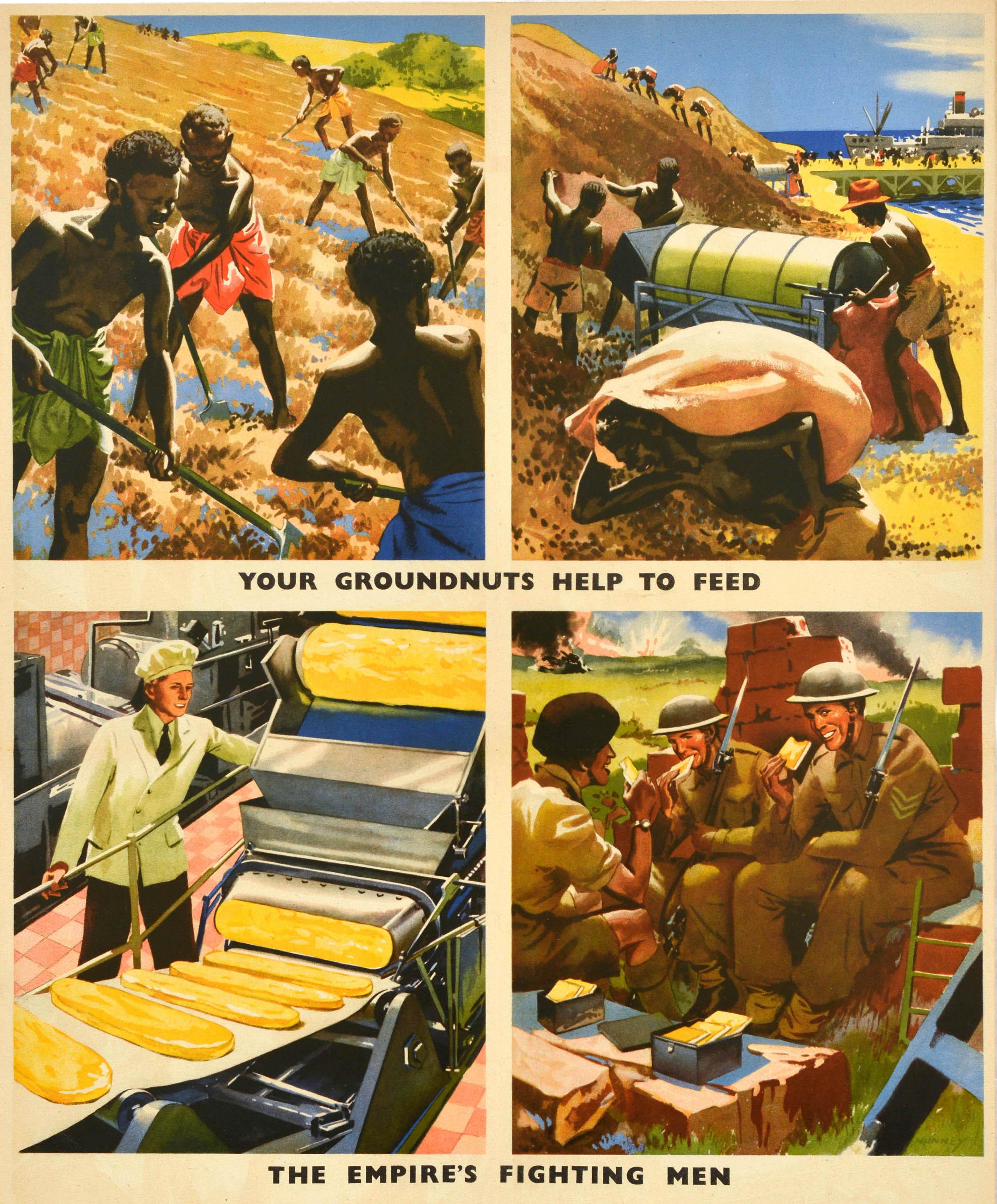 Poster di propaganda alimentare originale della Seconda Guerra Mondiale - Dig For Victory Your Groundnuts Help to Feed The Empire's Fighting Men - con quattro illustrazioni di Alfred John Nunney (1897-1966) che mostrano il processo di raccolta dei
