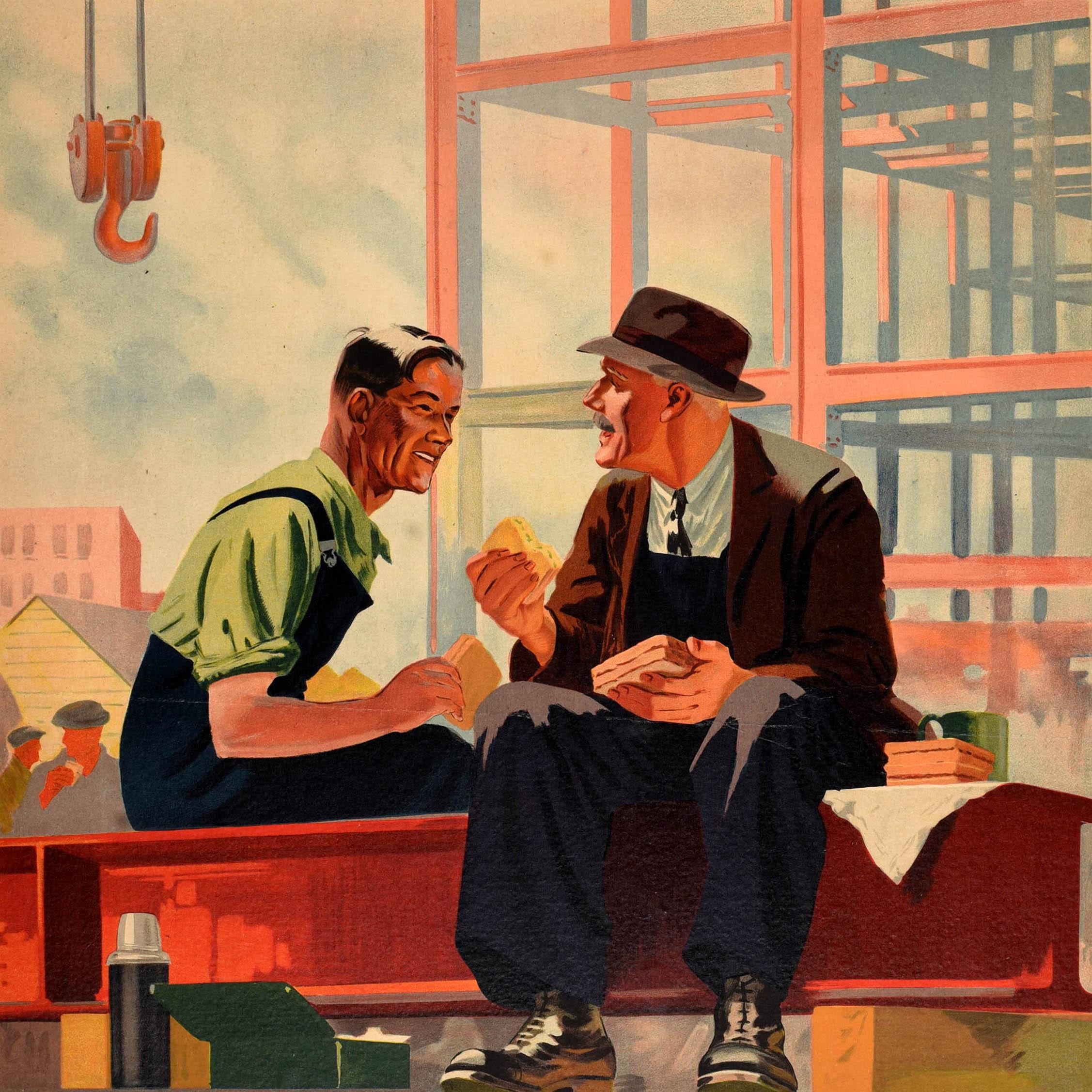 Poster originale d'epoca di propaganda alimentare della Seconda Guerra Mondiale pubblicato dal Ministero dell'Alimentazione durante i periodi di razionamento - Il pane di farina di grano combatte la fatica e rafforza i nervi - con un'illustrazione