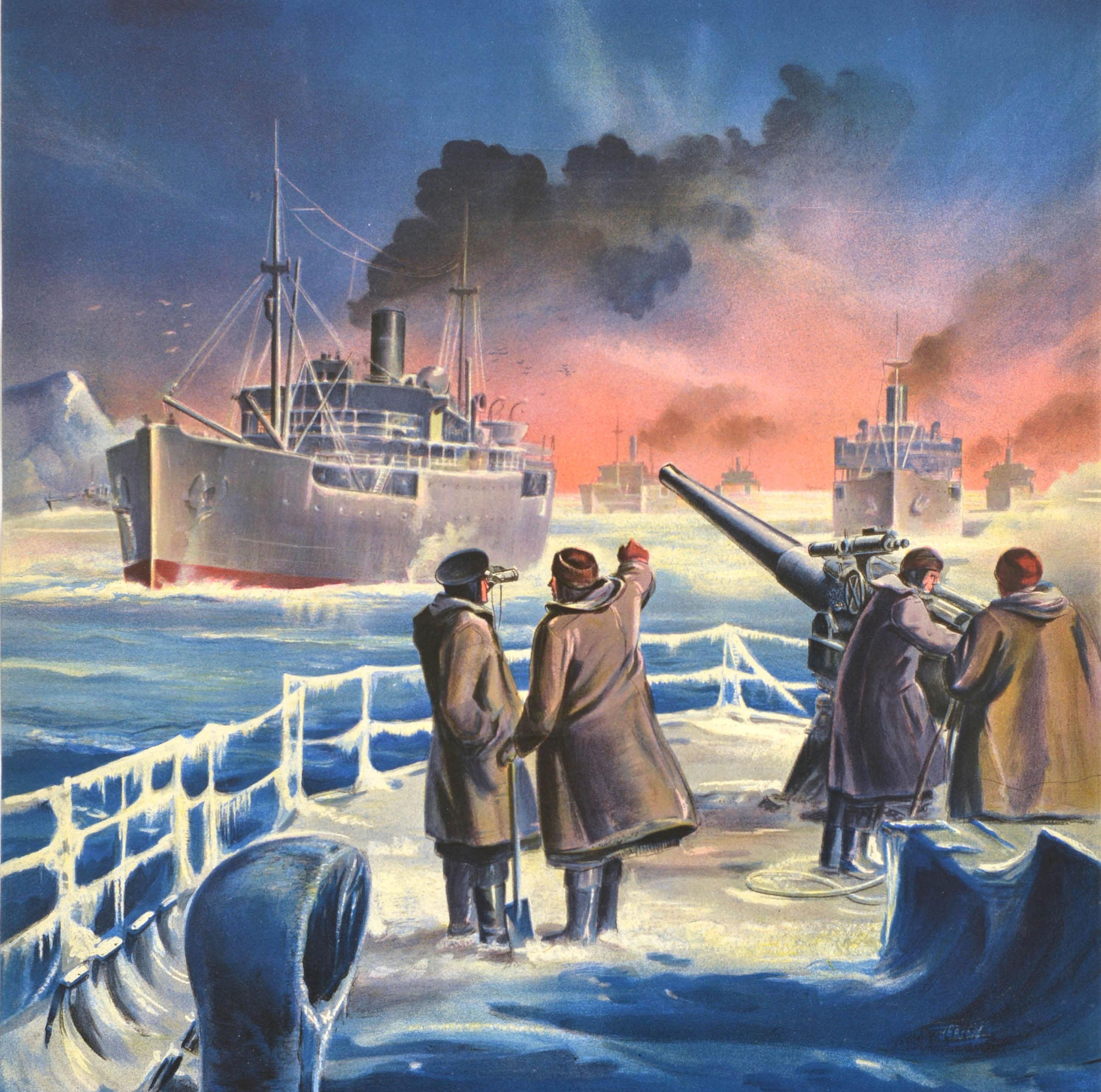 Poster d'epoca per la raccolta di fondi per il fronte interno della Seconda Guerra Mondiale - On the Arctic Front Merchant Navy Comforts Service - con un'illustrazione navale di marinai con cappotti e cappelli spessi su un ponte ghiacciato di una