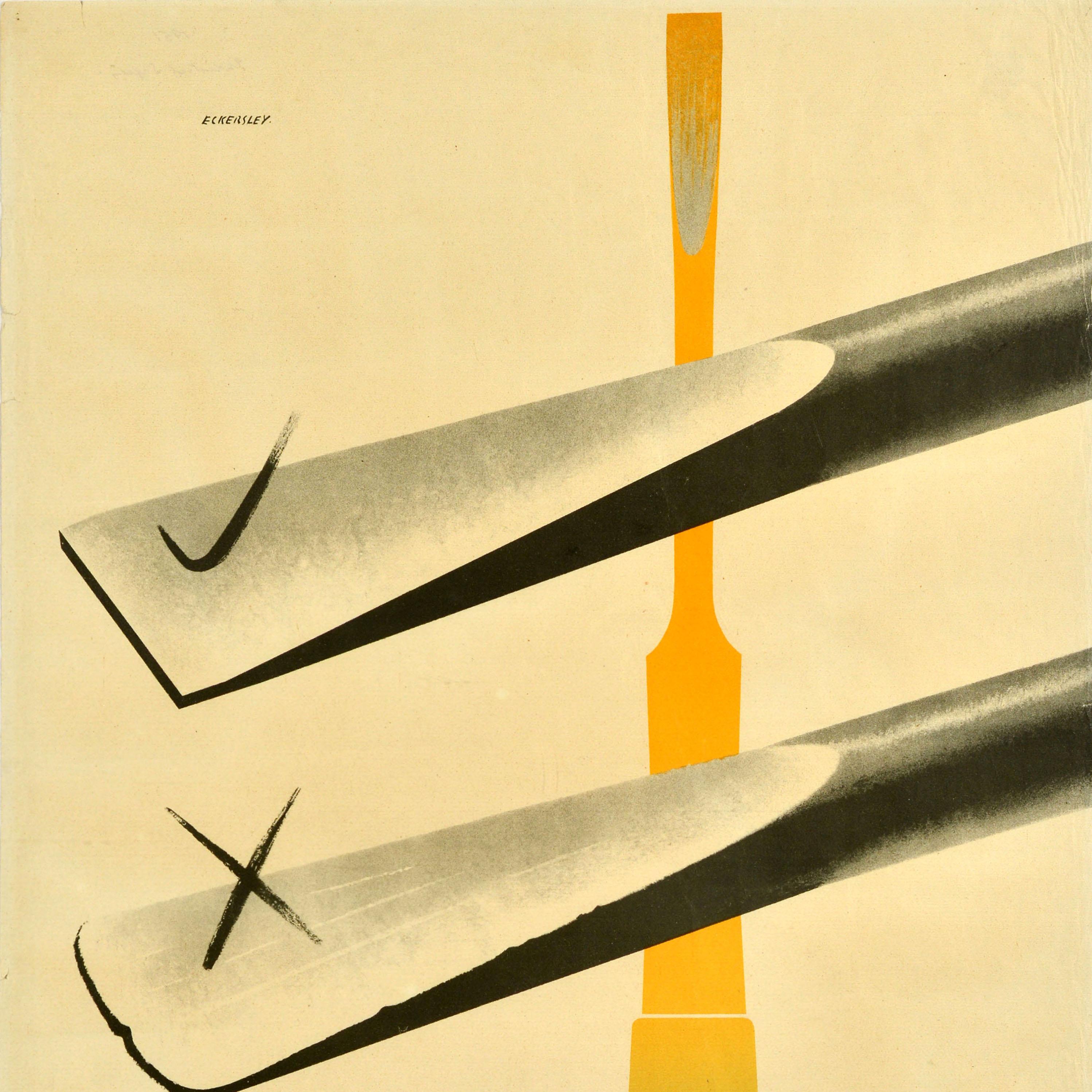 Poster originale d'epoca sulla salute e la sicurezza pubblicato dalla Royal Society for the Prevention of Accidents ROSPA - Sound Tools Safer Working - con un grande disegno grafico del noto artista Tom Eckersley (1914-1997) che mostra esempi di una