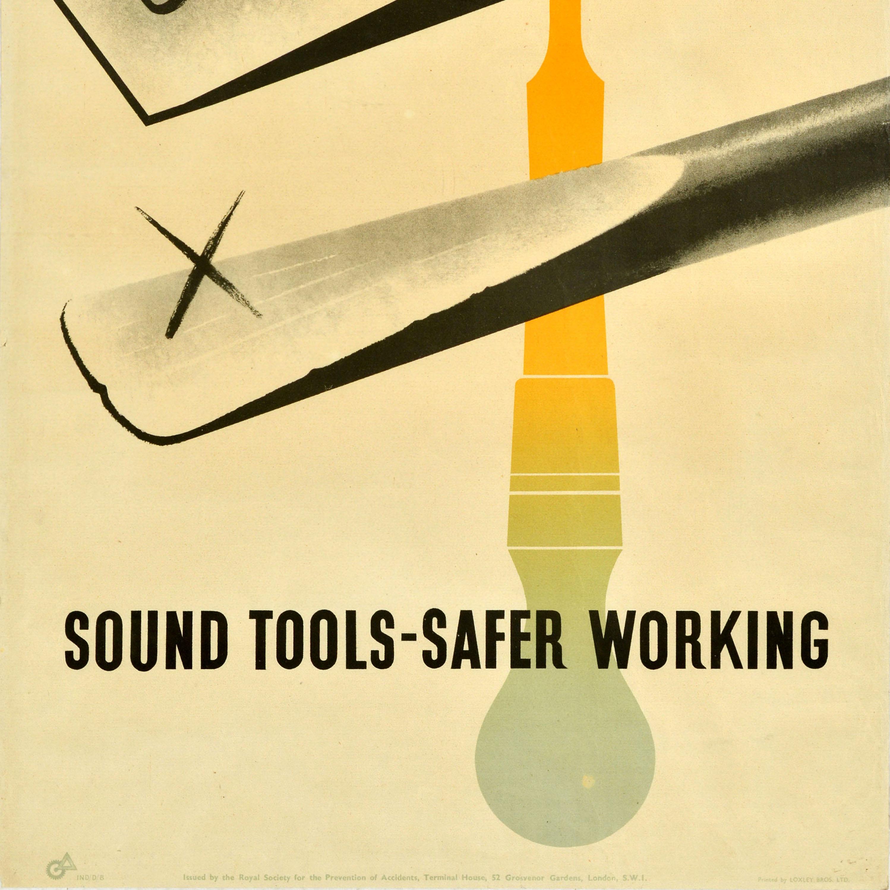 Mid-Century moderno Poster originale d'epoca sulla sicurezza sanitaria Strumenti sonori Lavoro più sicuro ROSPA WWII in vendita