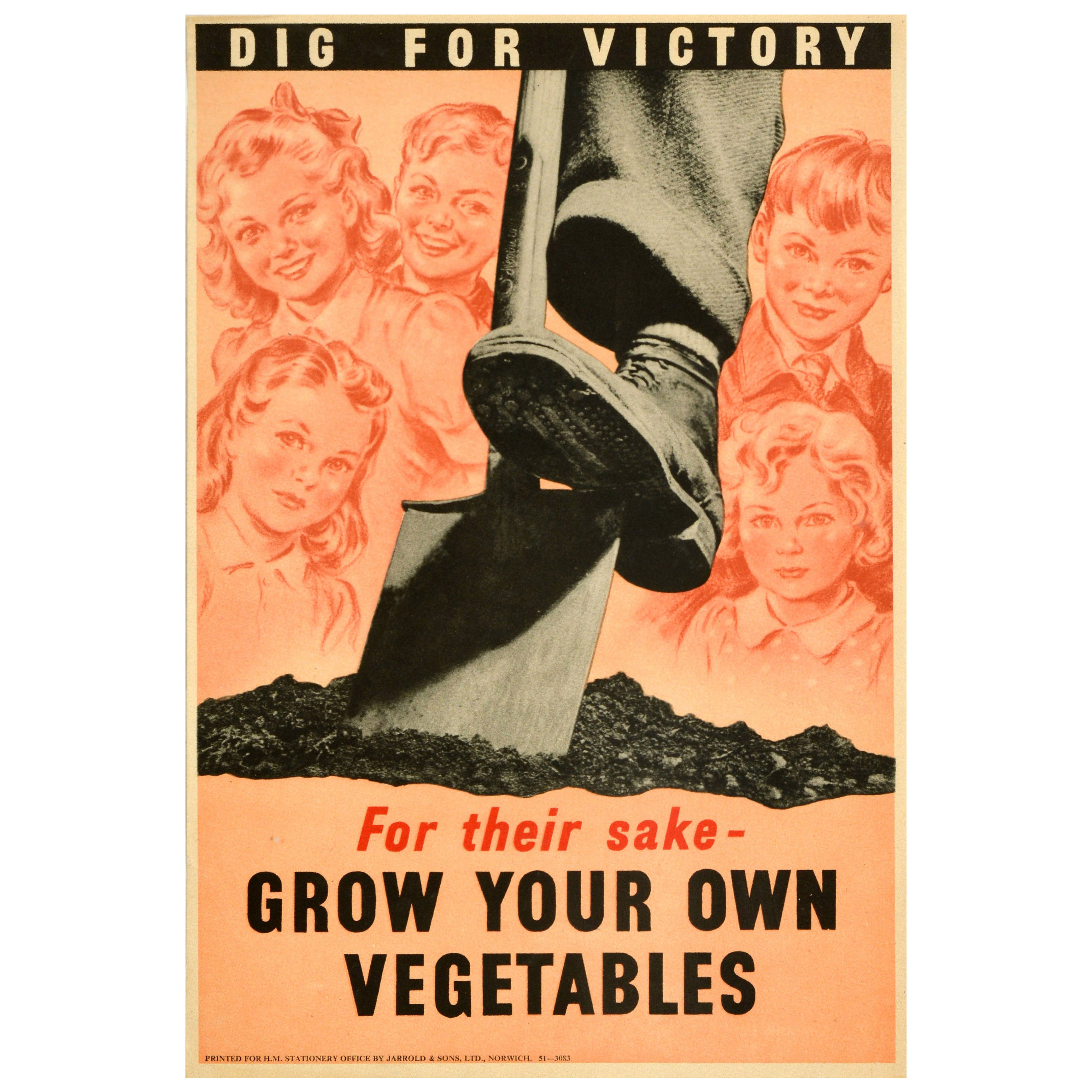Original Vintage War Home Front Food Poster Dig For Victory Grow Vegetables WWII