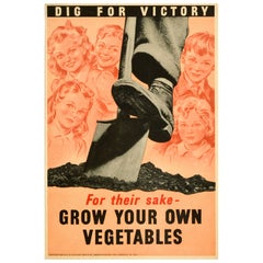 Original Vintage War Home Front Food Poster Dig For Victory Grow Vegetables WWII