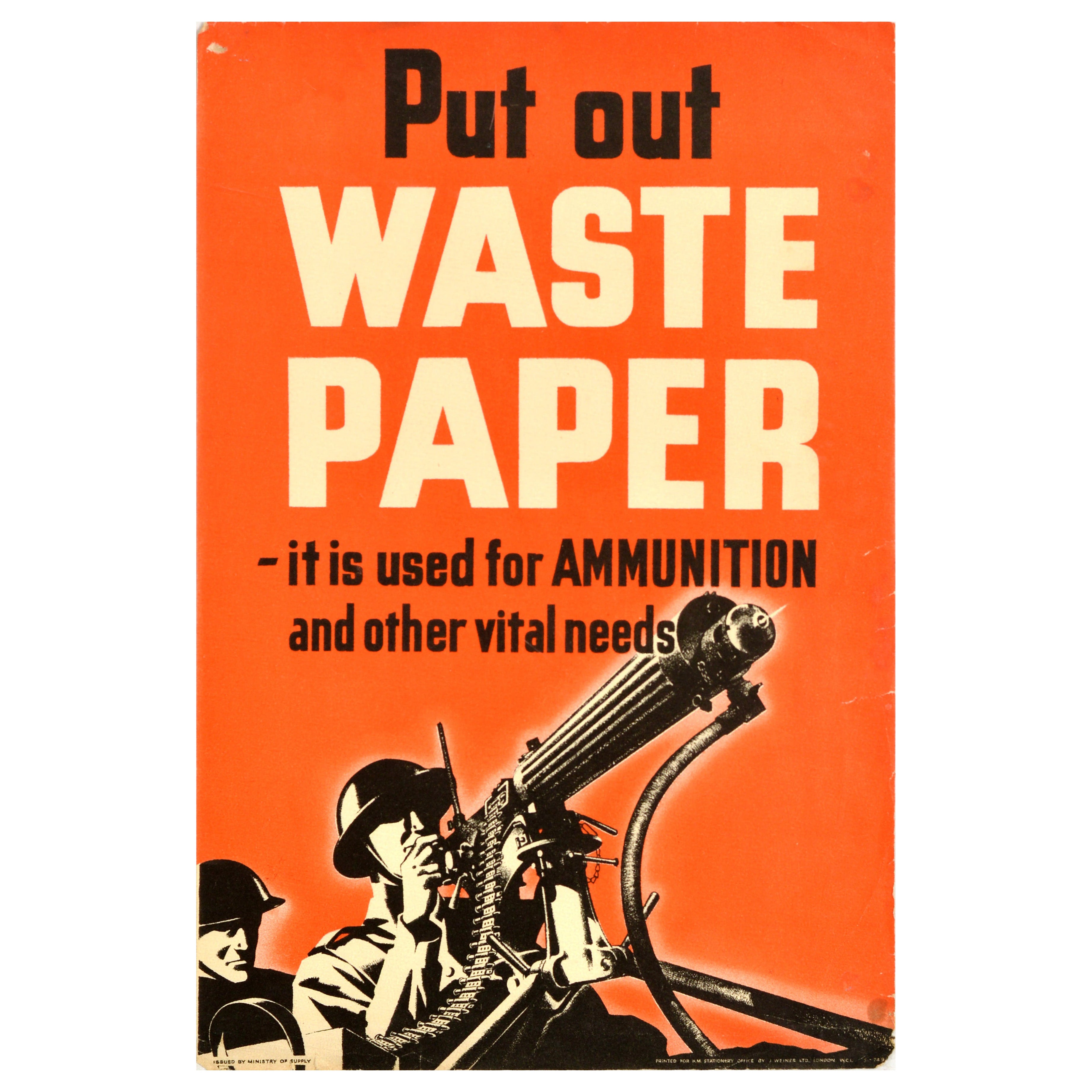 Poster originale del fronte interno della guerra d'epoca Metti fuori la carta straccia Munizioni WWII