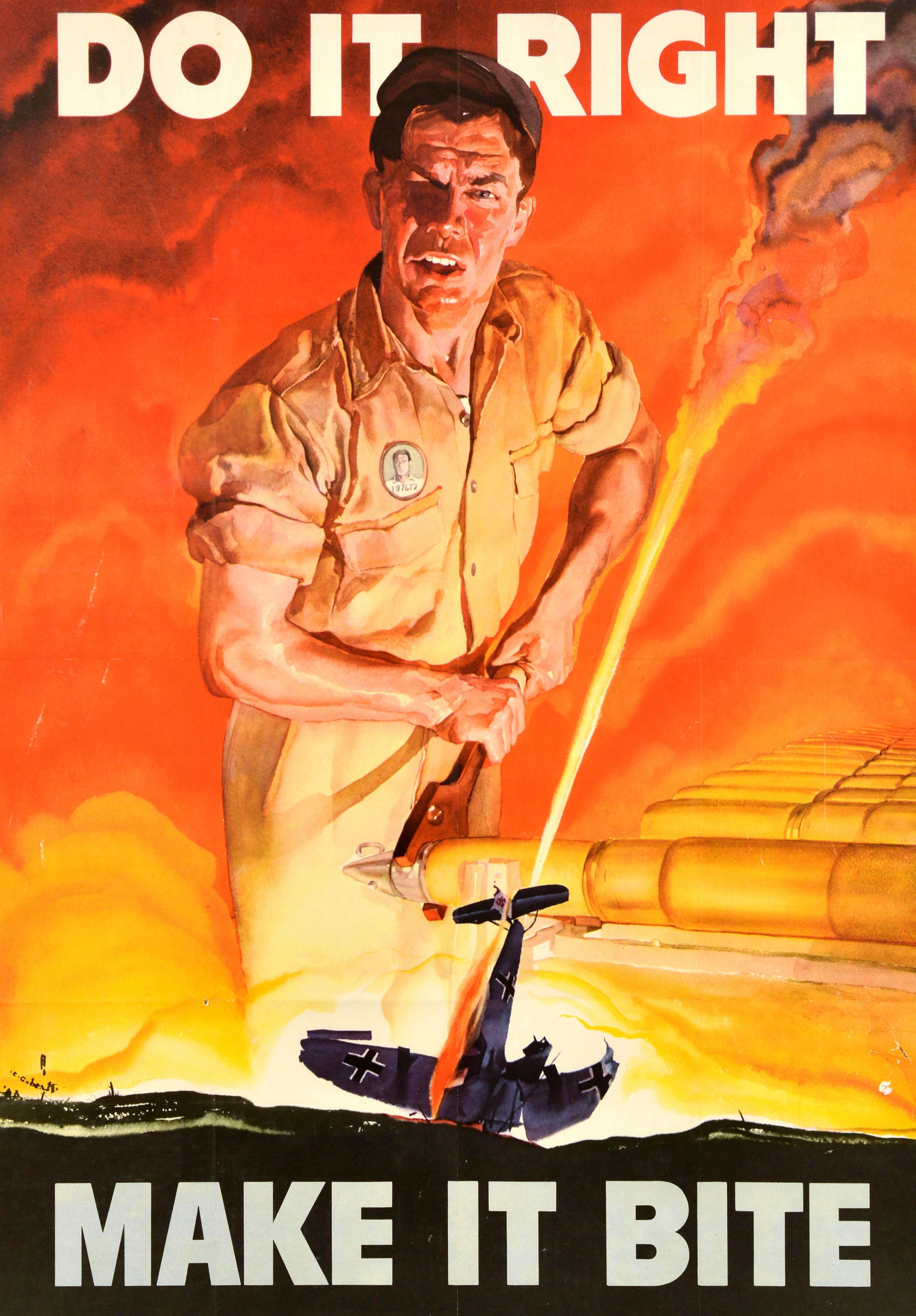 Original vintage World War Two home front production poster - Do It Right Make It Bite - featuring a dynamic image by the American illustrator and watercolour painter Cecil Calvert Beall (1892-1967) depicting a worker in a factory working on a