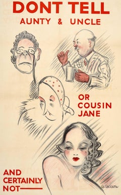 Original Vintage War Home Front Propaganda Poster Careless Talk Dont Tell WWII