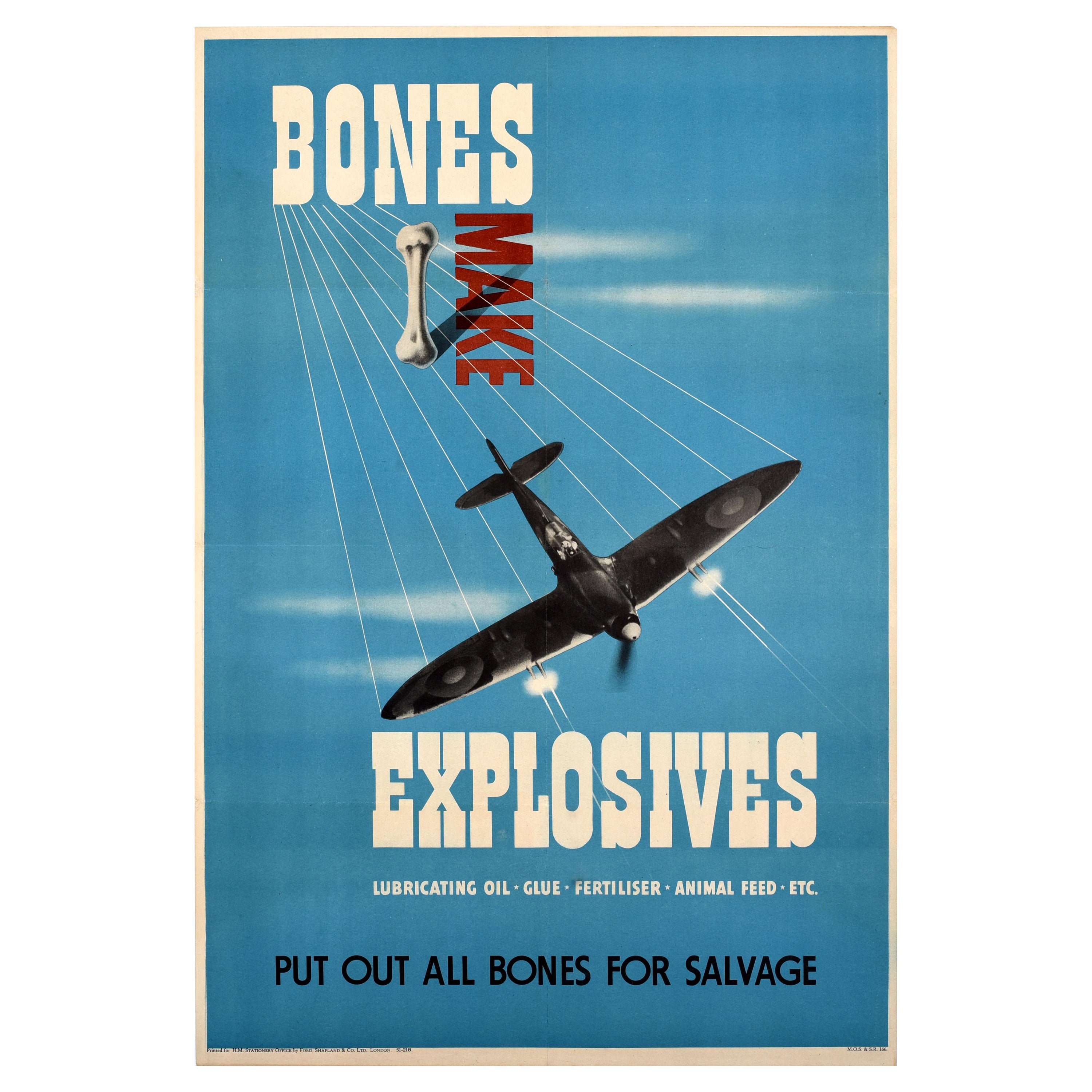 Original Vintage Guerra Frente Interior Reciclaje Cartel Los huesos hacen explosivos II Guerra Mundial