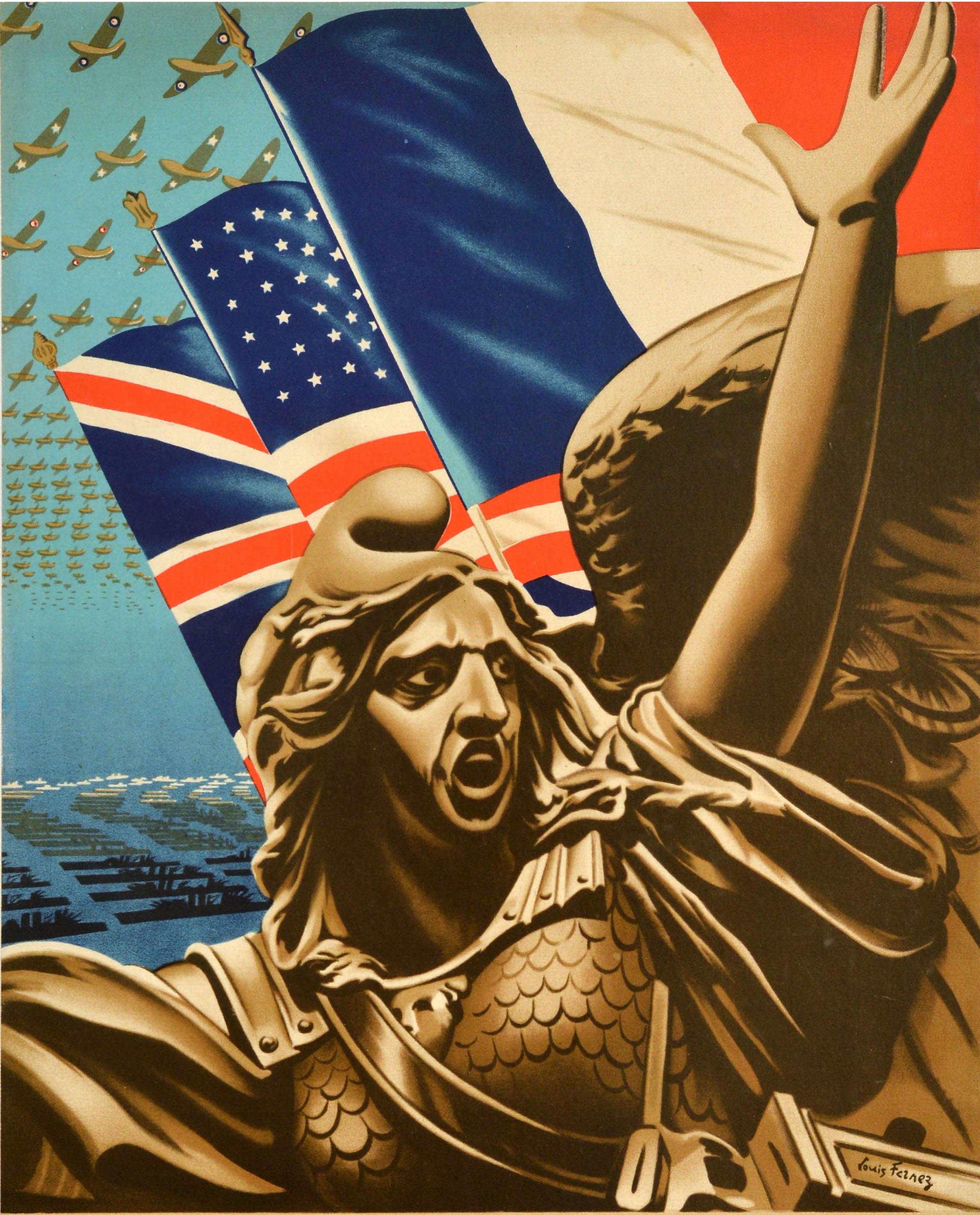 Poster originale d'epoca della Seconda Guerra Mondiale - American Relief for France Incorporated A member of Agency of the National War Fund - con un'immagine dinamica di Marianna, la personificazione nazionale della Francia che incarna la libertà,
