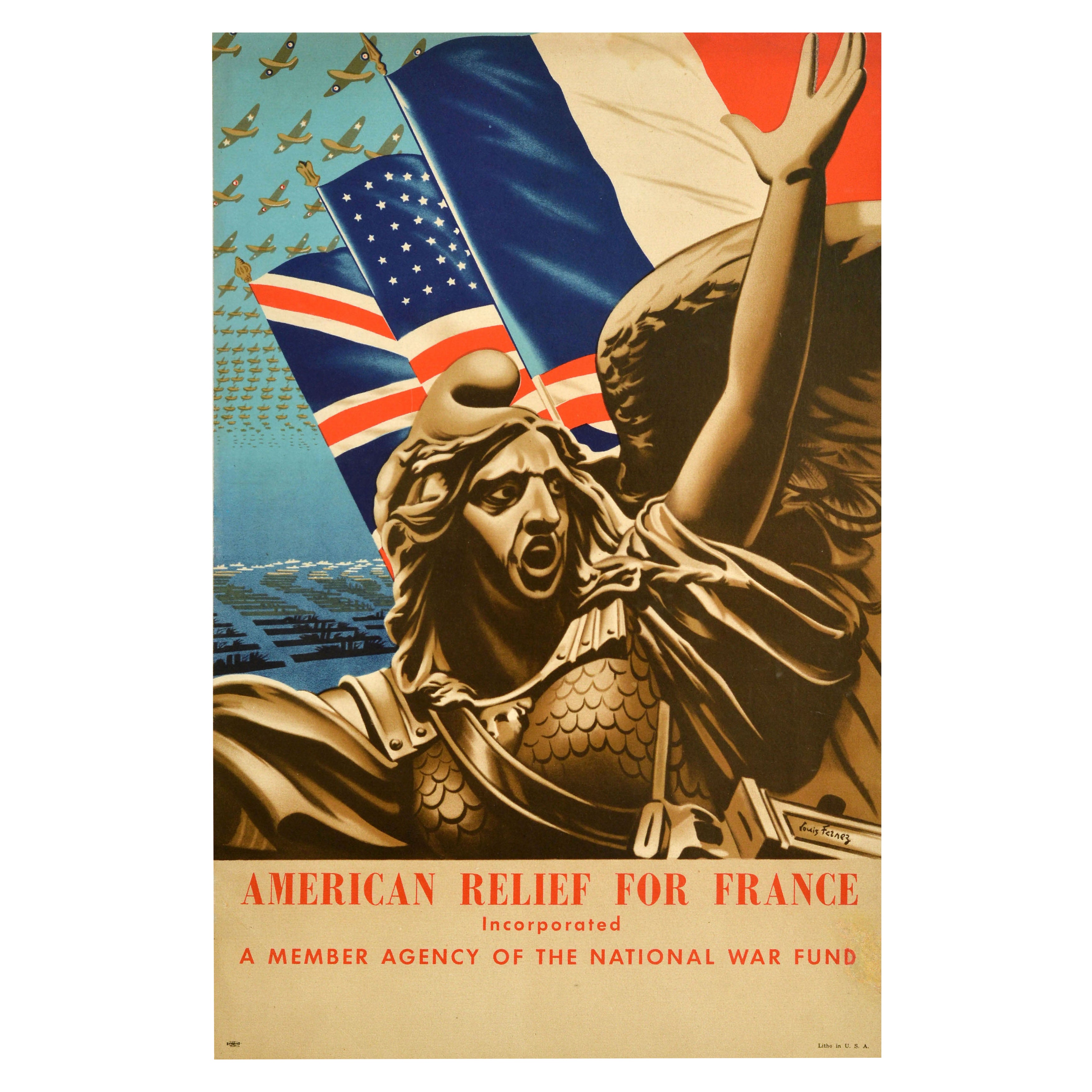 Poster di guerra originale d'epoca Soccorso americano per il Fondo nazionale di guerra per la Francia della seconda guerra mondiale