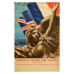 Original Vintage Cartel de Guerra Ayuda Americana para Francia Segunda Guerra Mundial Fondo Nacional de Guerra