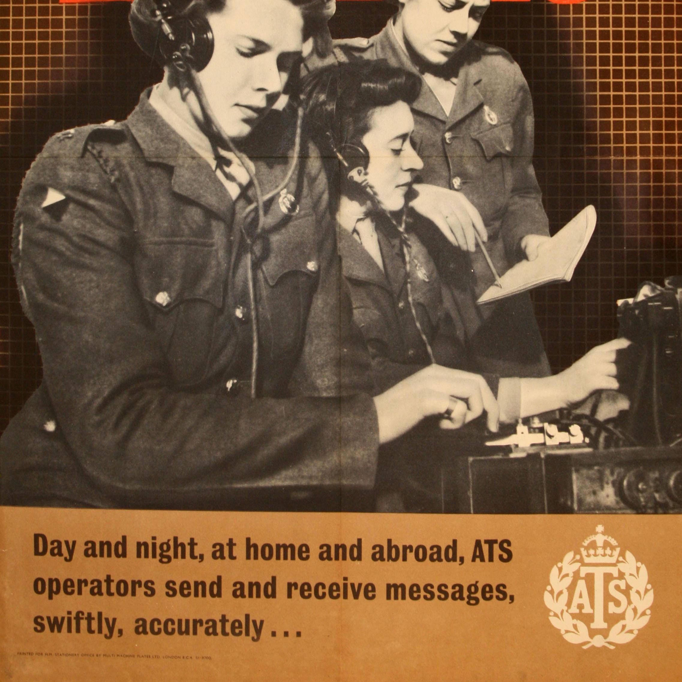 Metà XX secolo Poster di guerra originale d'epoca ATS Operatori di Signal WWII Esercito Britannico Branch Donna in vendita
