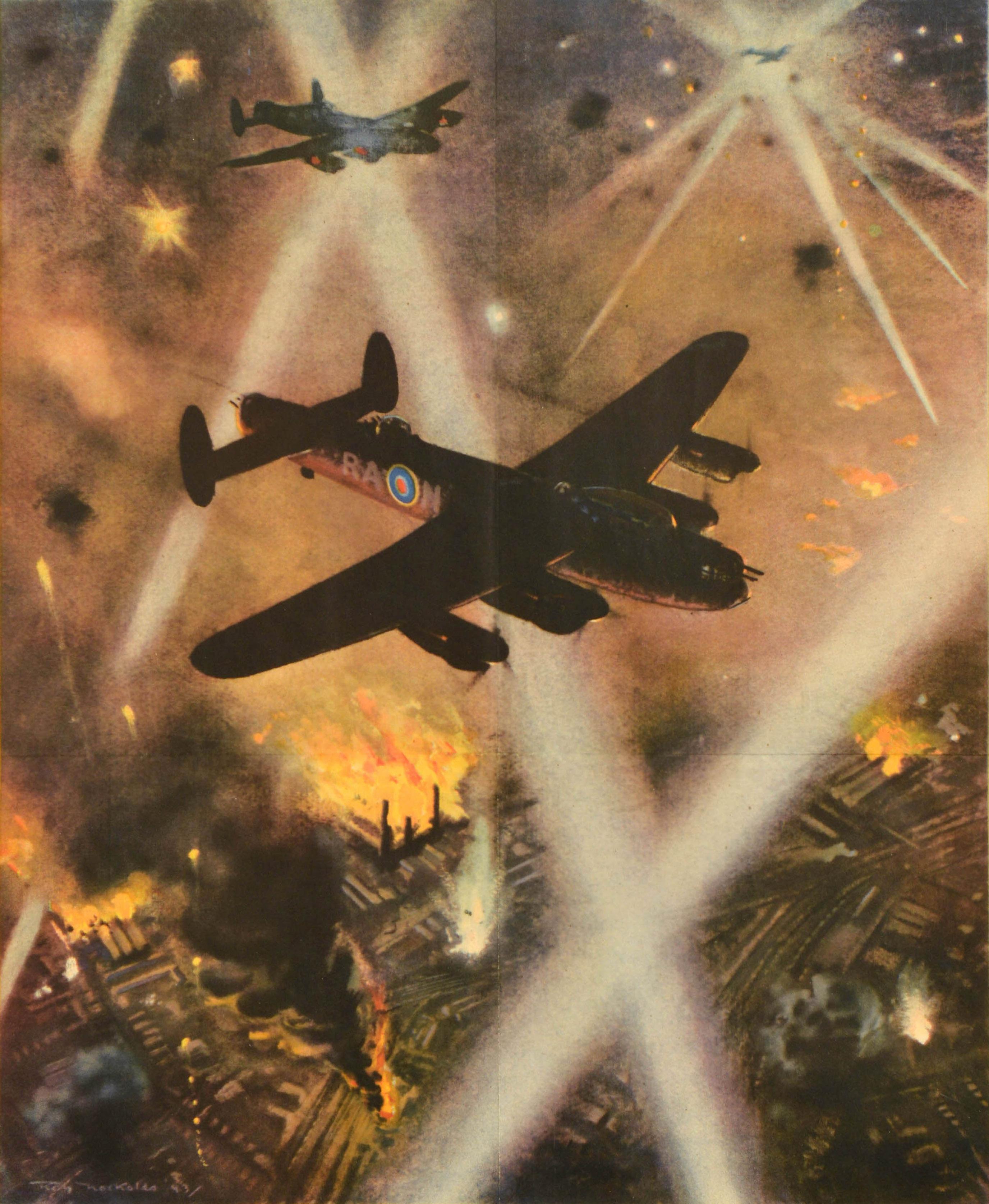Cartel original de época de la Segunda Guerra Mundial - El ataque comienza en la fábrica - con una vista aérea de Roy Anthony Nockolds (1911-1979) de aviones bombarderos de la Real Fuerza Aérea británica iluminados por reflectores mientras
