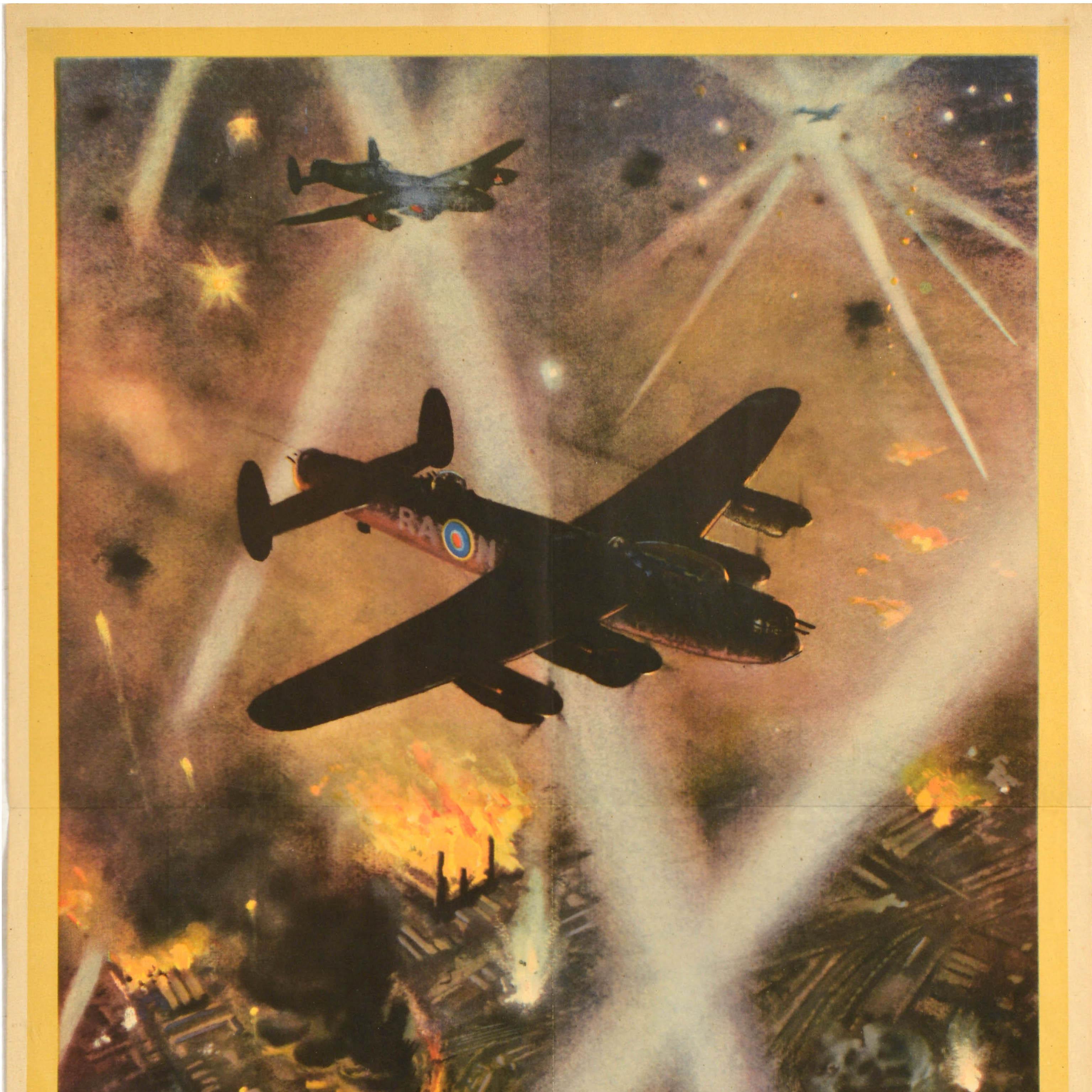 Original Vintage Cartel de Guerra El Ataque Comienza En La Fábrica Bombardero Segunda Guerra Mundial Nockolds Británico en venta