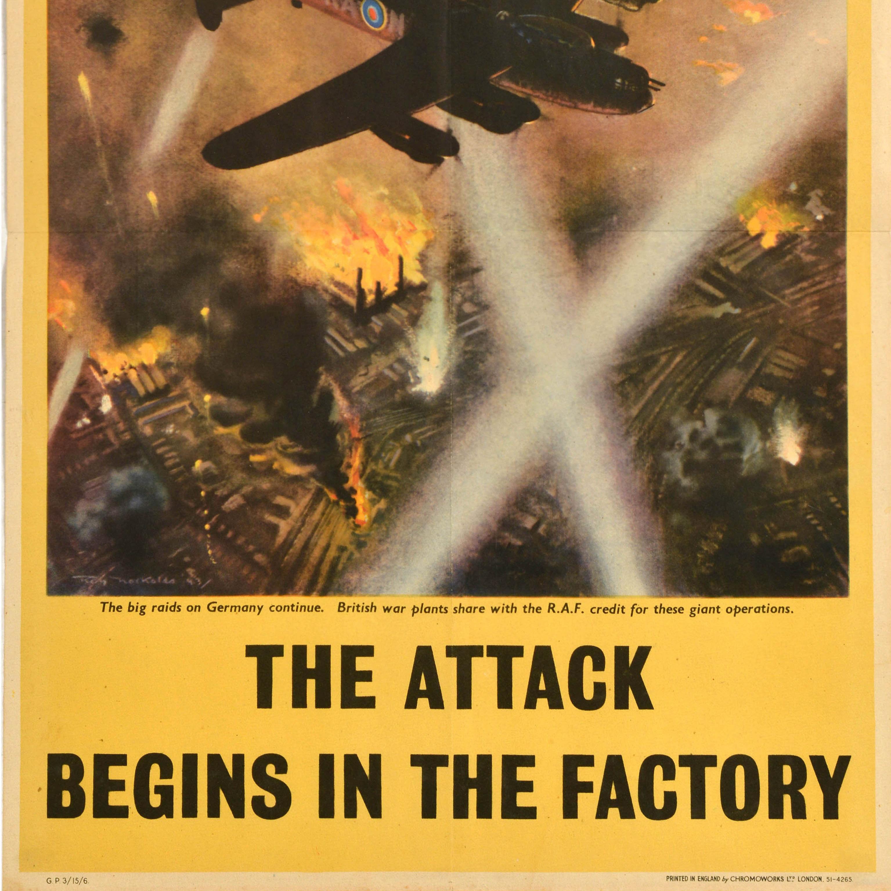 Original Vintage Cartel de Guerra El Ataque Comienza En La Fábrica Bombardero Segunda Guerra Mundial Nockolds en Bueno estado para la venta en London, GB