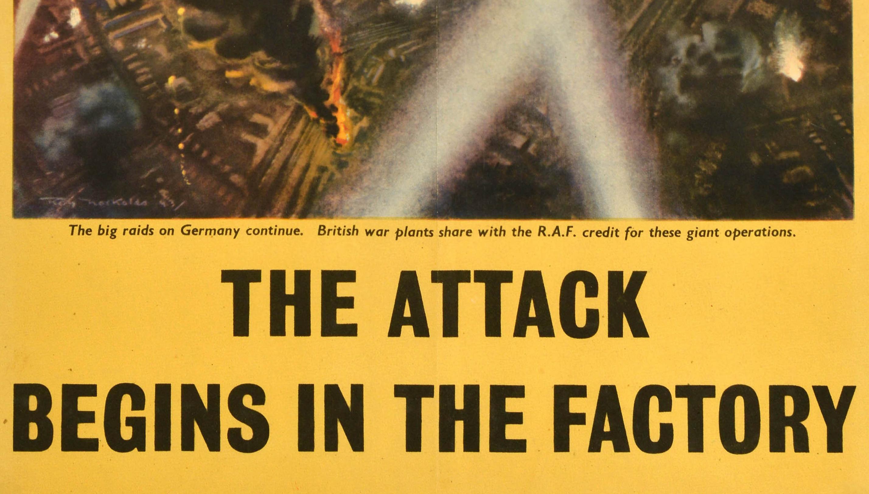 Original Vintage Cartel de Guerra El Ataque Comienza En La Fábrica Bombardero Segunda Guerra Mundial Nockolds mediados del siglo XX en venta