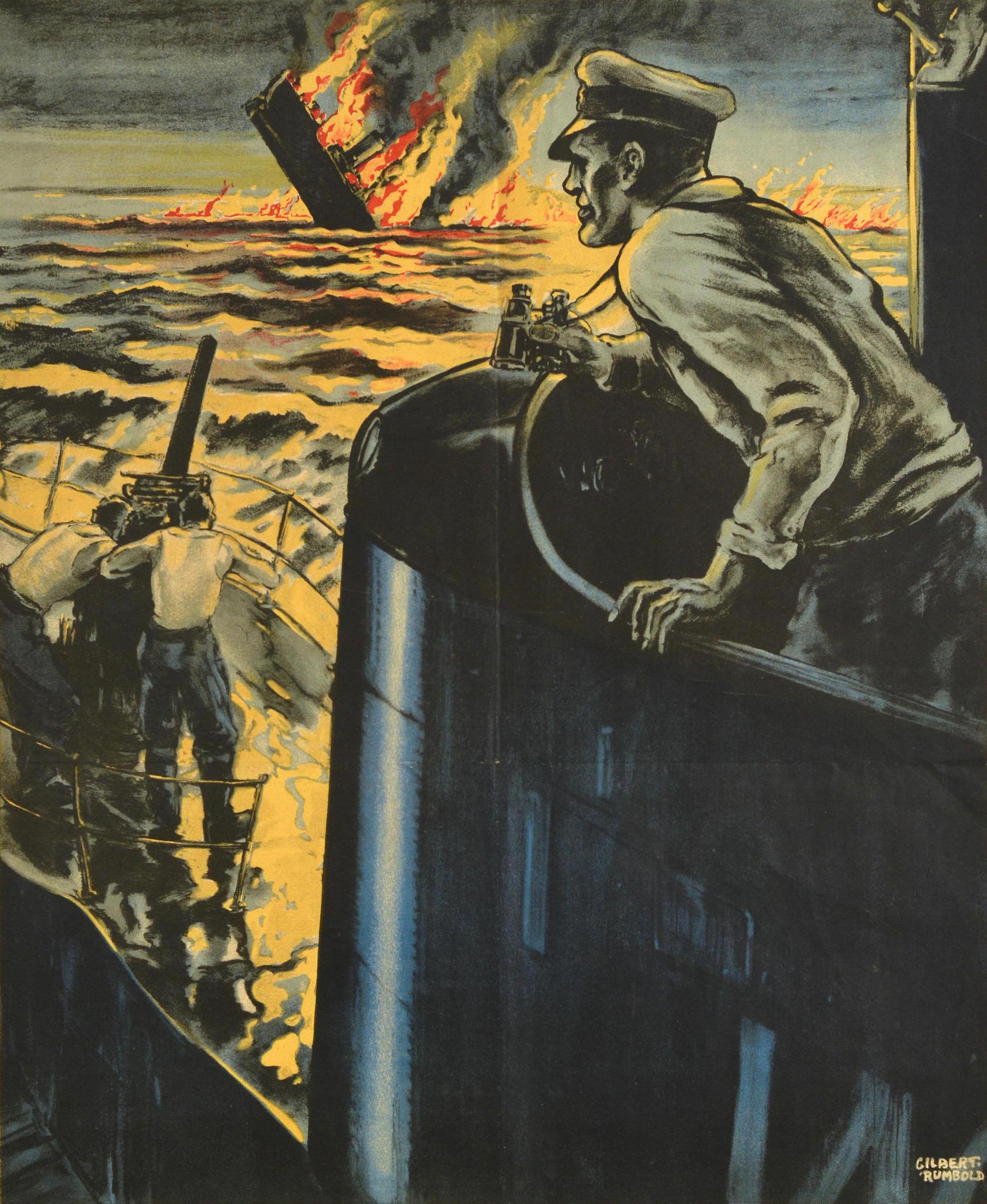 Poster originale d'epoca della Seconda Guerra Mondiale - The Attack Begins in the Factory - con una drammatica immagine navale di un capitano di sommergibile della Royal Navy in una torre di controllo che tiene un binocolo e guarda due marinai in