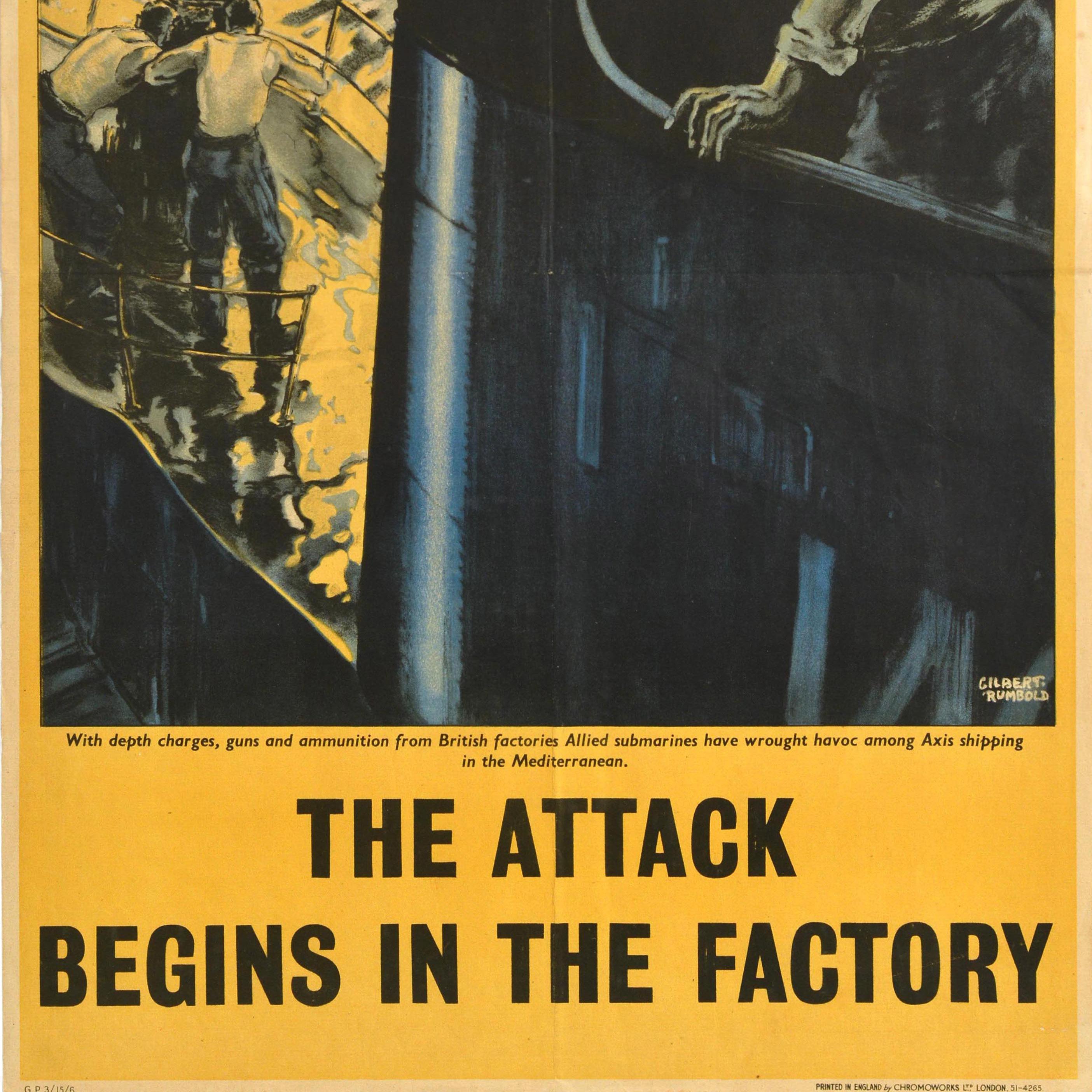 Poster di guerra originale d'epoca L'attacco inizia nella fabbrica dei sottomarini Rumbold WWII In condizioni buone in vendita a London, GB