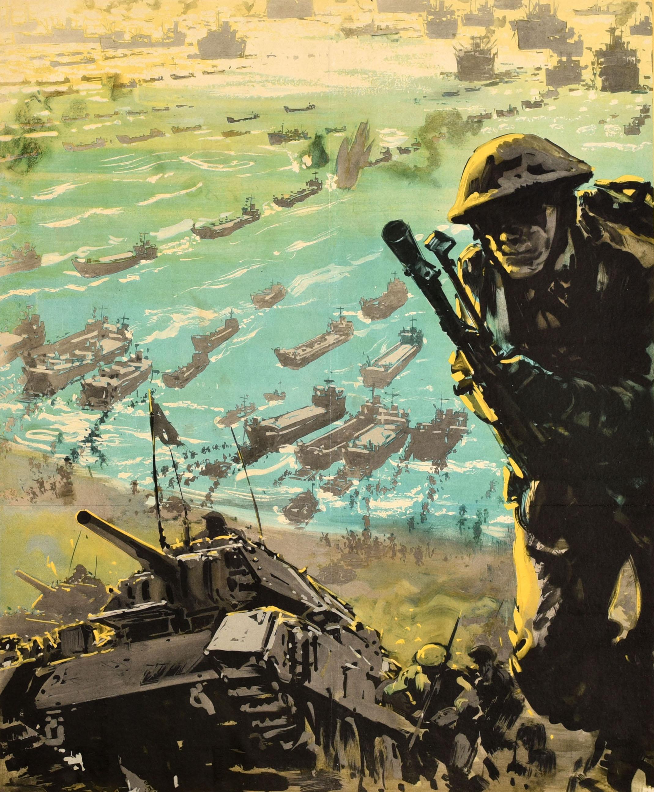 Poster originale d'epoca della Seconda Guerra Mondiale - The Attack Begins in the Factory - con una drammatica scena di battaglia che mostra esplosioni e navi della Royal Navy in mare in lontananza e soldati che corrono da mezzi da sbarco su una