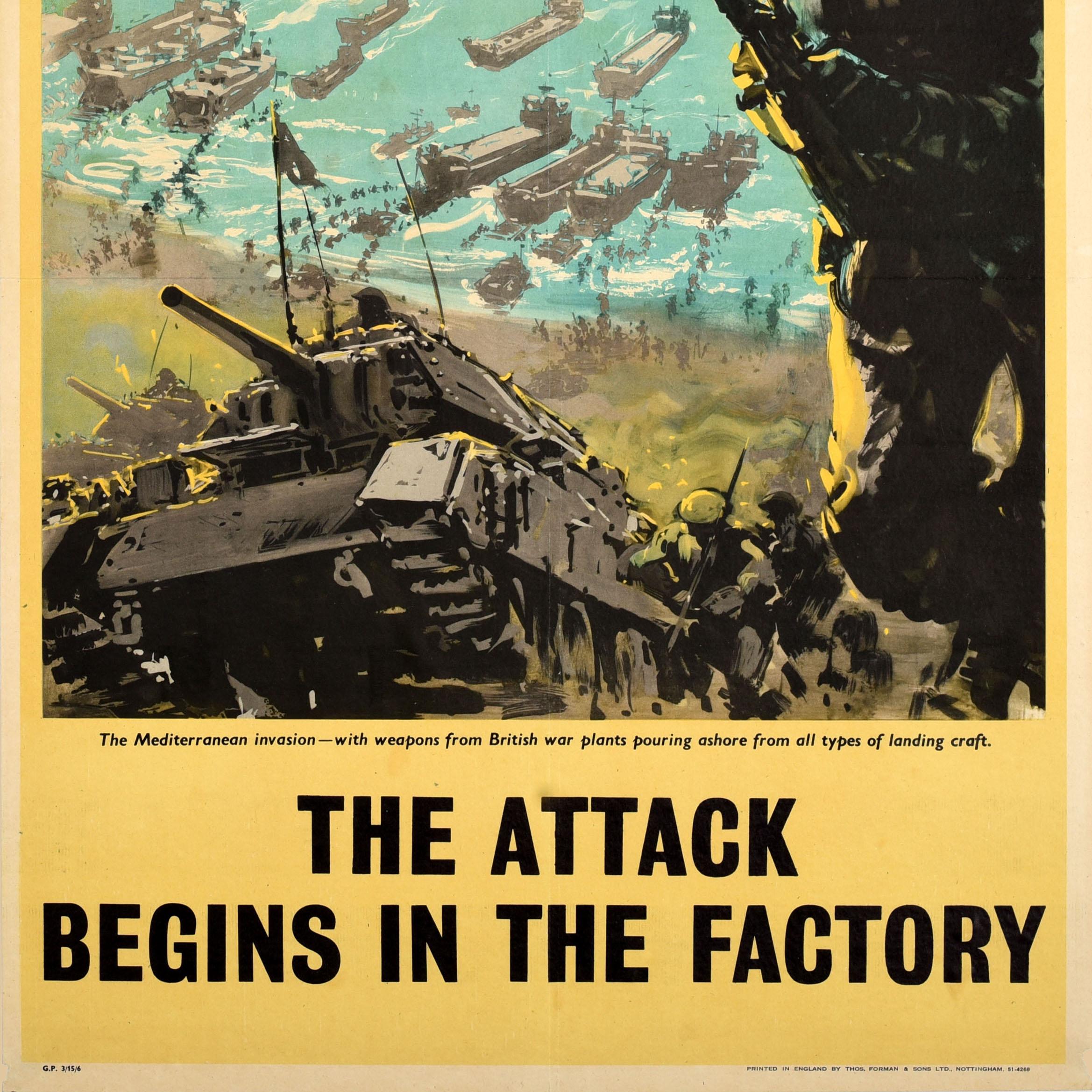Poster di guerra originale d'epoca L'attacco inizia in fabbrica WWII Royal Navy britannica In condizioni buone in vendita a London, GB