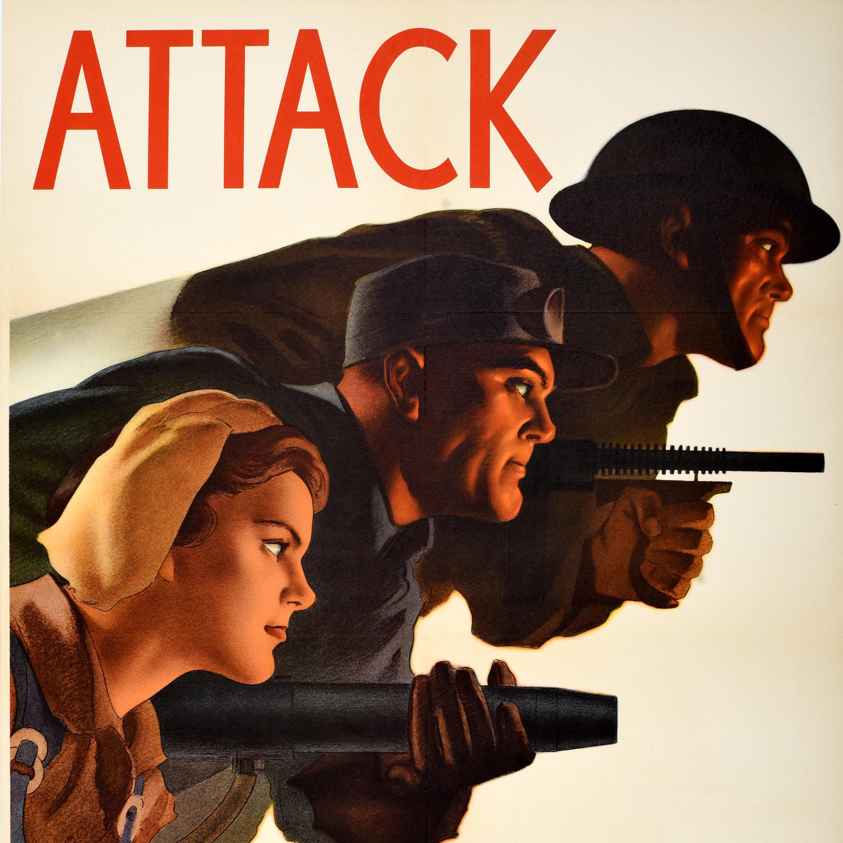 Canadian Original Vintage War Poster Attack On All Fronts WWII Canada Hubert Rogers For Sale
