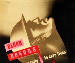 Original Vintage War Poster Blood Donors Needed WWII Emergency Modernism Design