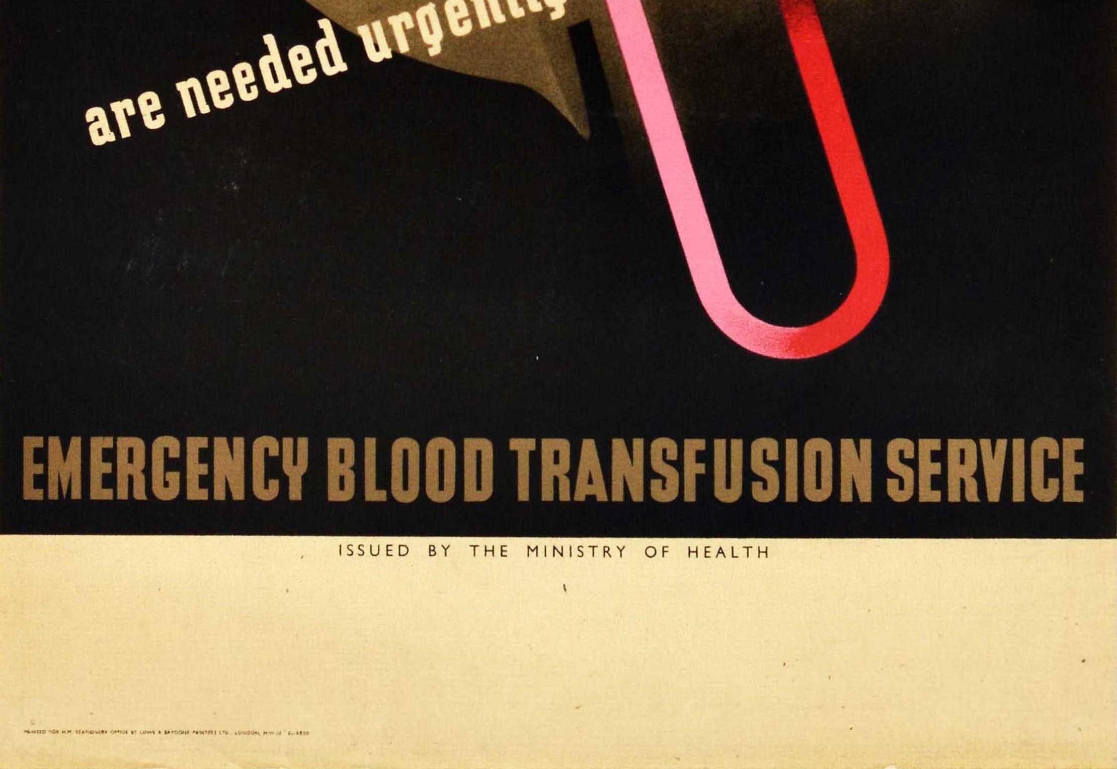 British Original Vintage War Poster Blood Donors Needed WWII Emergency Modernism Design For Sale