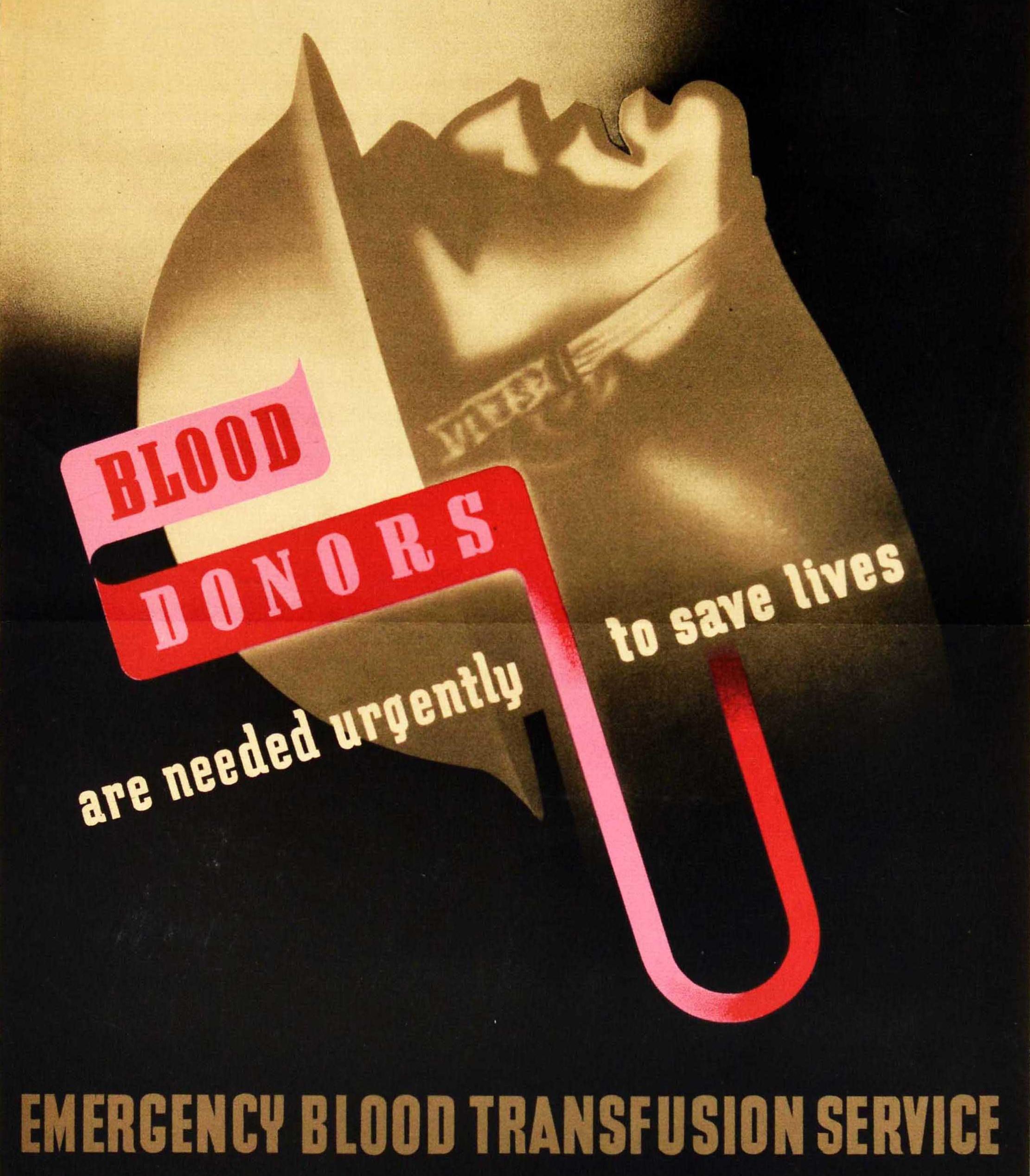 Original Vintage War Poster Blood Donors Needed WWII Emergency Modernism Design In Good Condition For Sale In London, GB