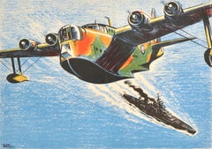 Original Vintage Cartel de Guerra Británico Corto Sunderland Barco Volador Segunda Guerra Mundial RAF Marina